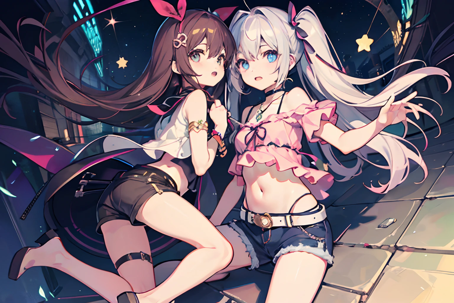 ,twins, Masterpiece,Best quality,offcial art,Extremely detailed Cg Unity 8K wallpaper, 2girls, cute female child,hair adornments, Short shorts, Crop top, ribbon_choker necklace, leg belt,