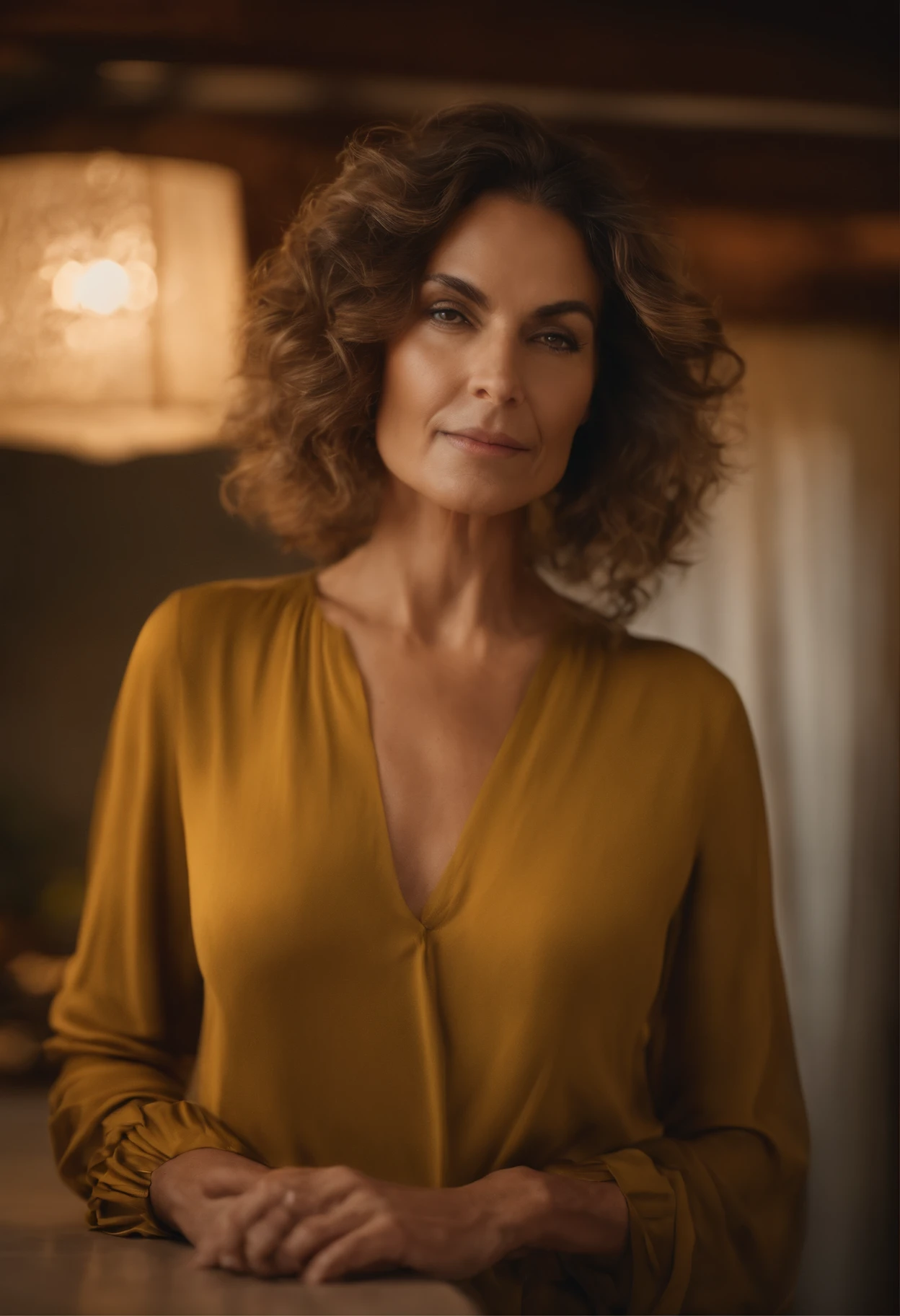 Uma mulher na casa dos 40 anos, bonita, cabelo curto bem arrumado,em casa, wool blouse, 4K, high-res, obra-prima, melhor qualidade, looking-into-camera