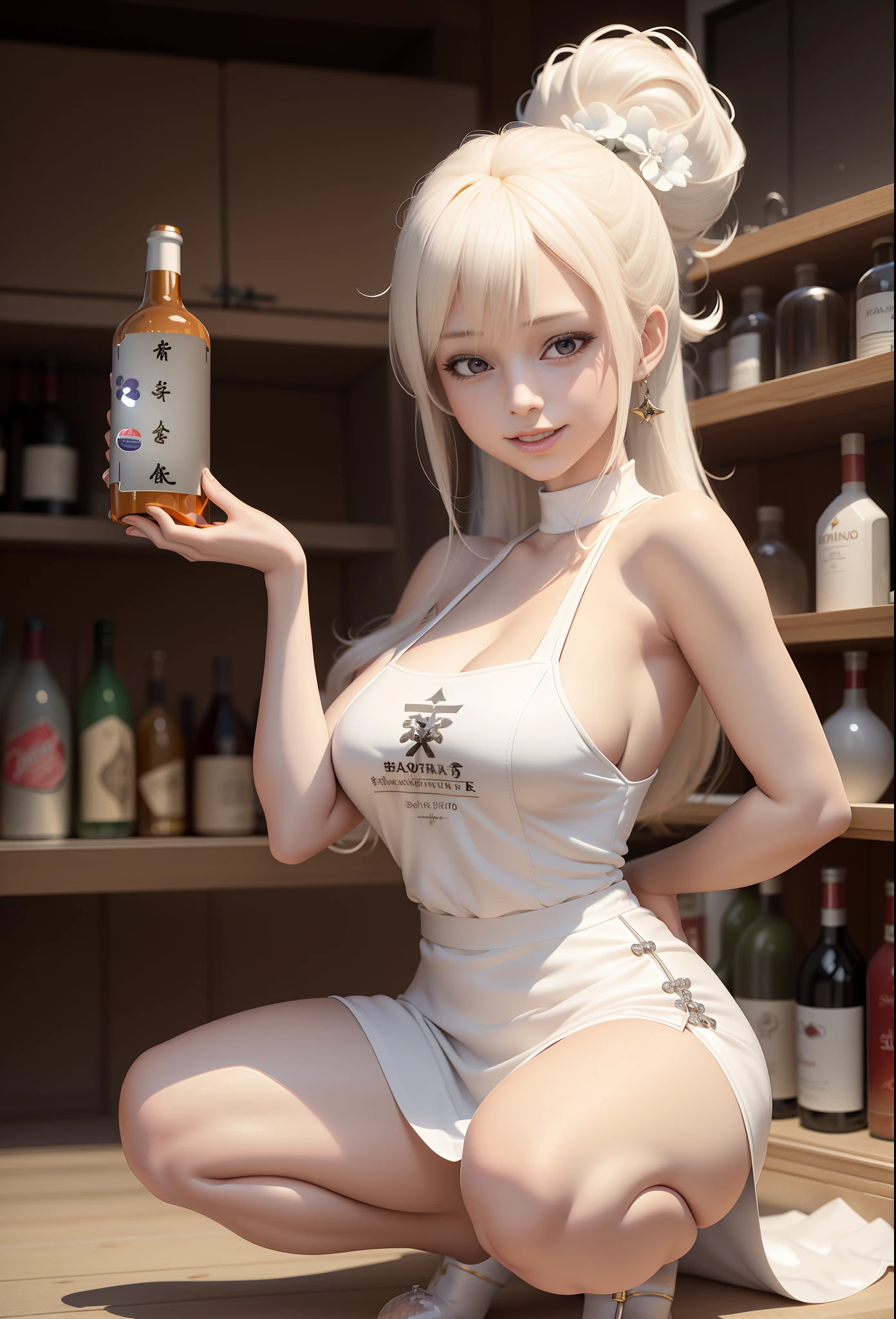 Blonde woman in white dress holding a bottle of wine, photorealistic anime girl rendering, trending on cgstation, seductive anime girls, Realistic anime 3 D style, beautiful and seductive anime woman, Perfect white haired girl, anime girls drink Energy drink, 3 d anime realistic, ultra-realistic picture, drinking a drink, Tifa Lockhart with white hair, realistic shadow perfect body