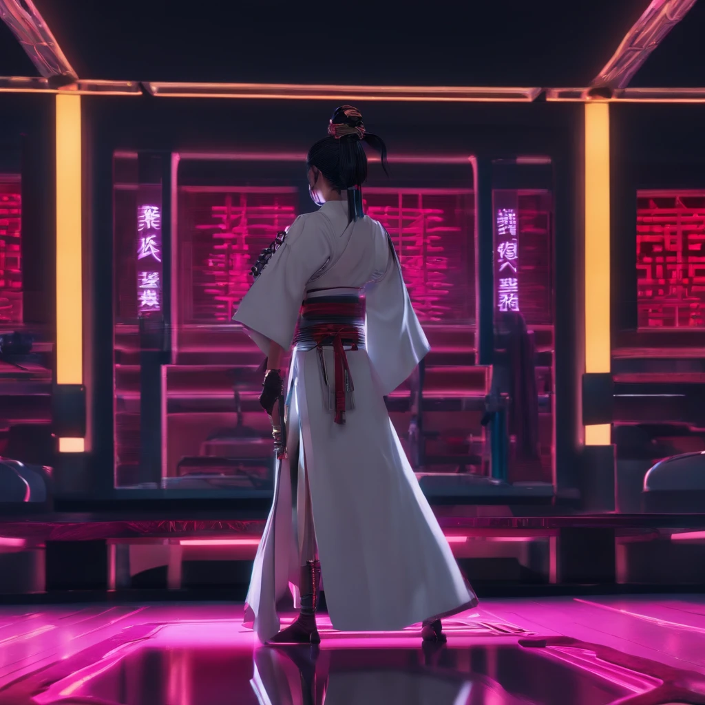 A scene from the movie Cyber Ninja Samurai Kunoichi Your Future Aesthetic Cyber Hologram Data Internet Katana laser