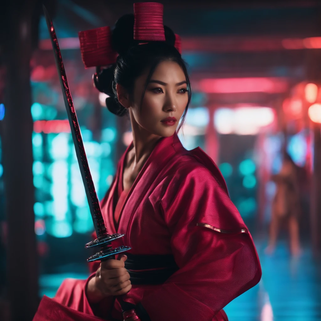 A scene from the movie Cyber Ninja　Samurai Kunoichi　　Your Future Aesthetic Cyber Hologram Data Internet Katana　laser