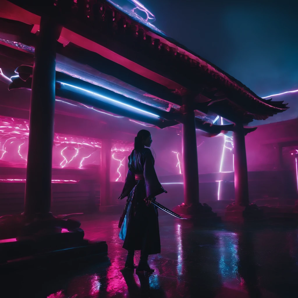 A scene from the movie Cyber Ninja Samurai Kunoichi Your Future Aesthetic Cyber Hologram Data Internet Katana laser
