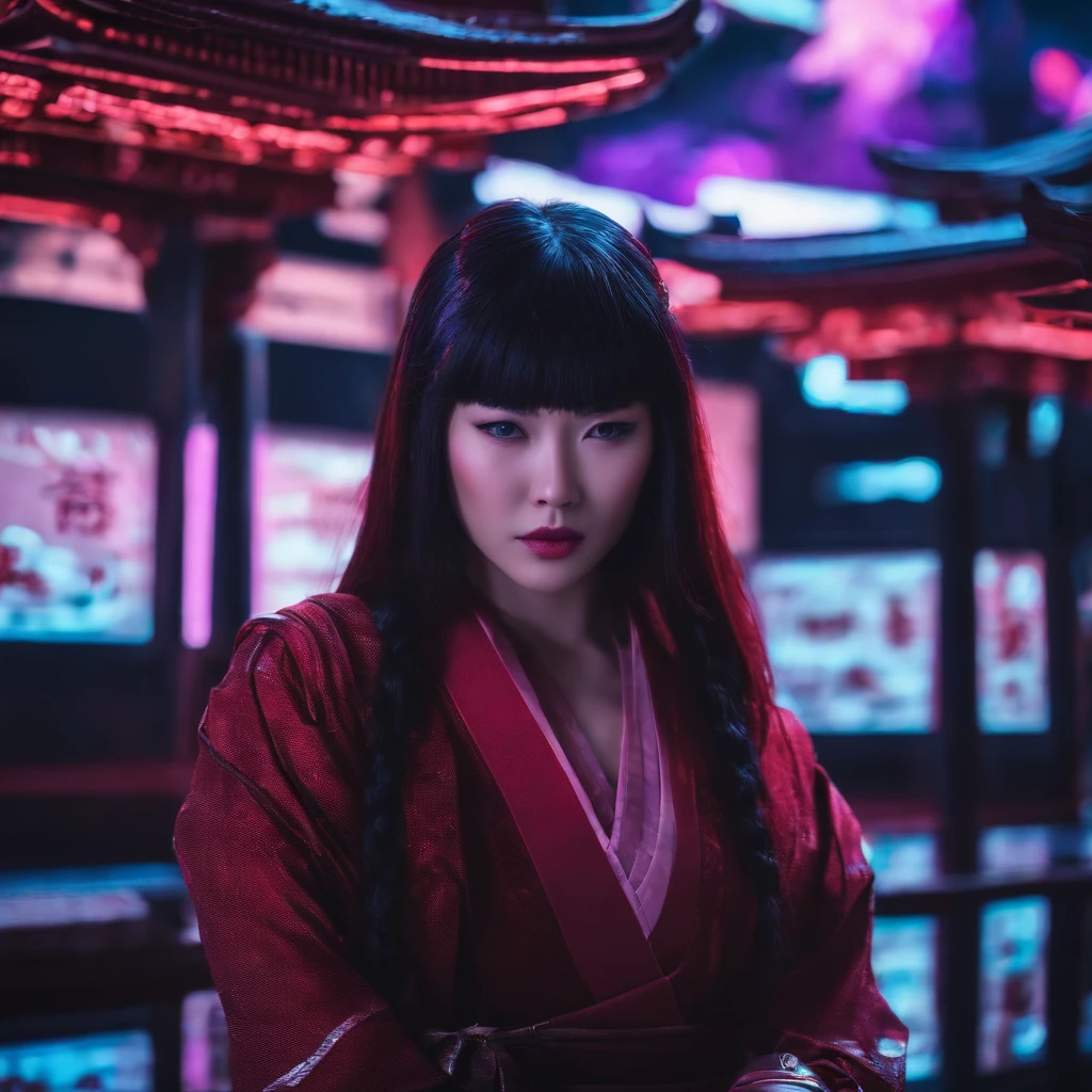 A scene from the movie Cyber Ninja Samurai Kunoichi Your Future Aesthetic Cyber Hologram Data Internet Katana laser