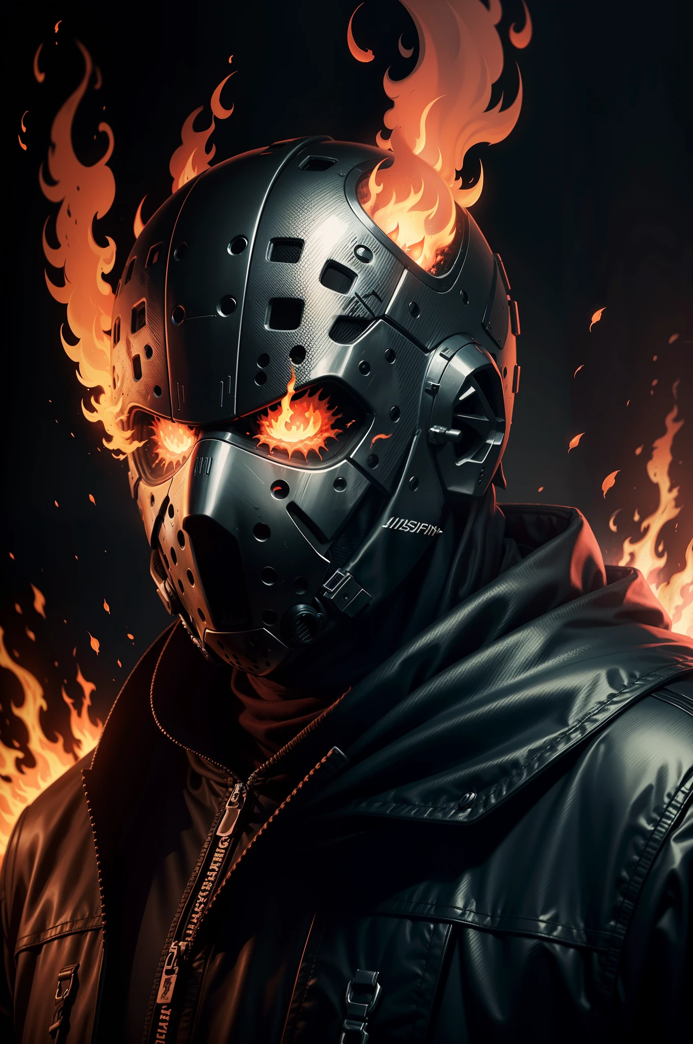 Jason Voorhees with the head on Fire, jason hockey mask, HDR, (((All Head on Fire, Head on Fire))), FXAA, TXAA, 16k, Best Resolution, dark atmosphere, macabre,