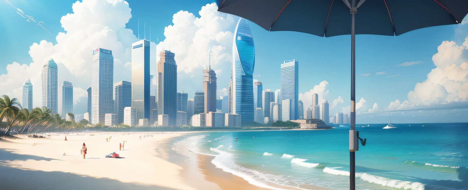 Scenery , Skyscrapers ,City, Beach , Summer , Umbrella , Sky , Day, , Sun , Breeze