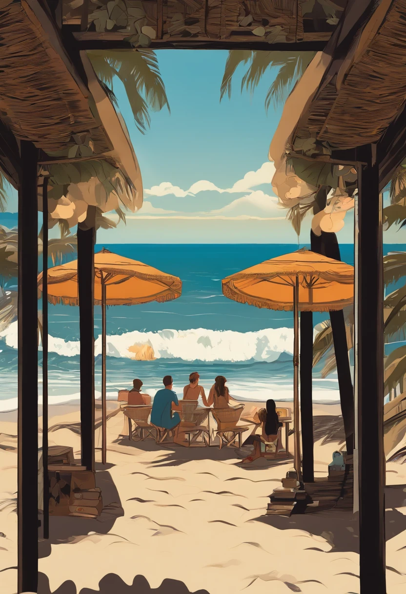 Surfers barter at stalls on the beach, Top-down view,Surfing life,the setting sun,Manhwa Style,2D, ((Black background :1, 5)), vectorial,, Masterpiece, Best quality, Intricate details,, Realistic details, gothic theme, rim-light,, cinematic shading, Greg Rutkowisk