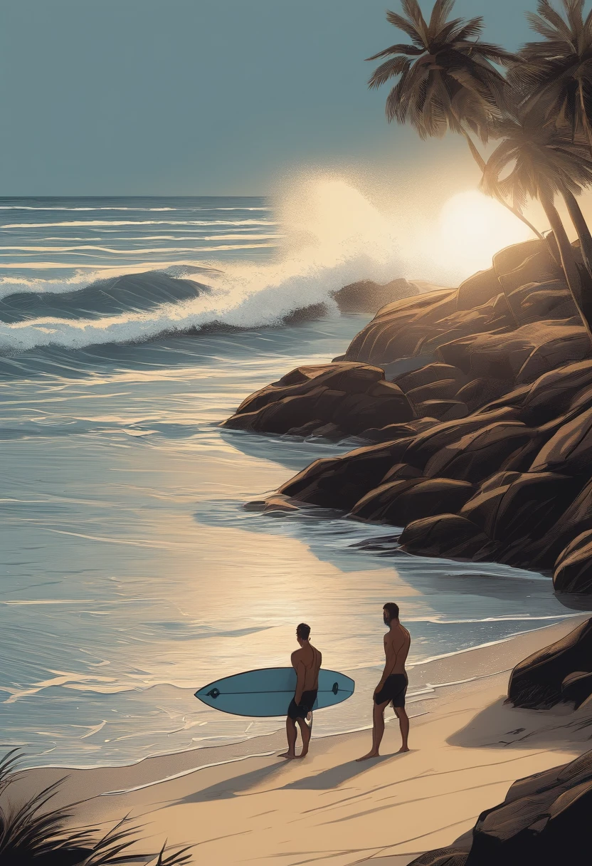 Surfers barter at stalls on the beach, Top-down view,Surfing life,the setting sun,Manhwa Style,2D, ((Black background :1, 5)), vectorial,, Masterpiece, Best quality, Intricate details,, Realistic details, gothic theme, rim-light,, cinematic shading, Greg Rutkowisk