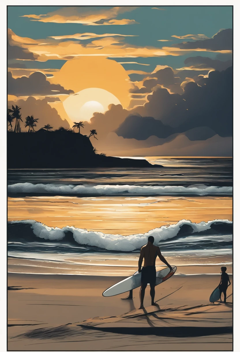 Surfers barter at stalls on the beach, Top-down view，Surfing life，the setting sun，Manhwa Style，2D, ((Black background :1, 5)), vectorial,, Masterpiece, Best quality, Intricate details,, Realistic details, gothic theme, rim-light,, cinematic shading, Greg Rutkowisk