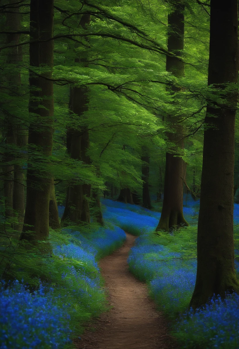 Create a blue forest where there is a big tree with bright blue flowers