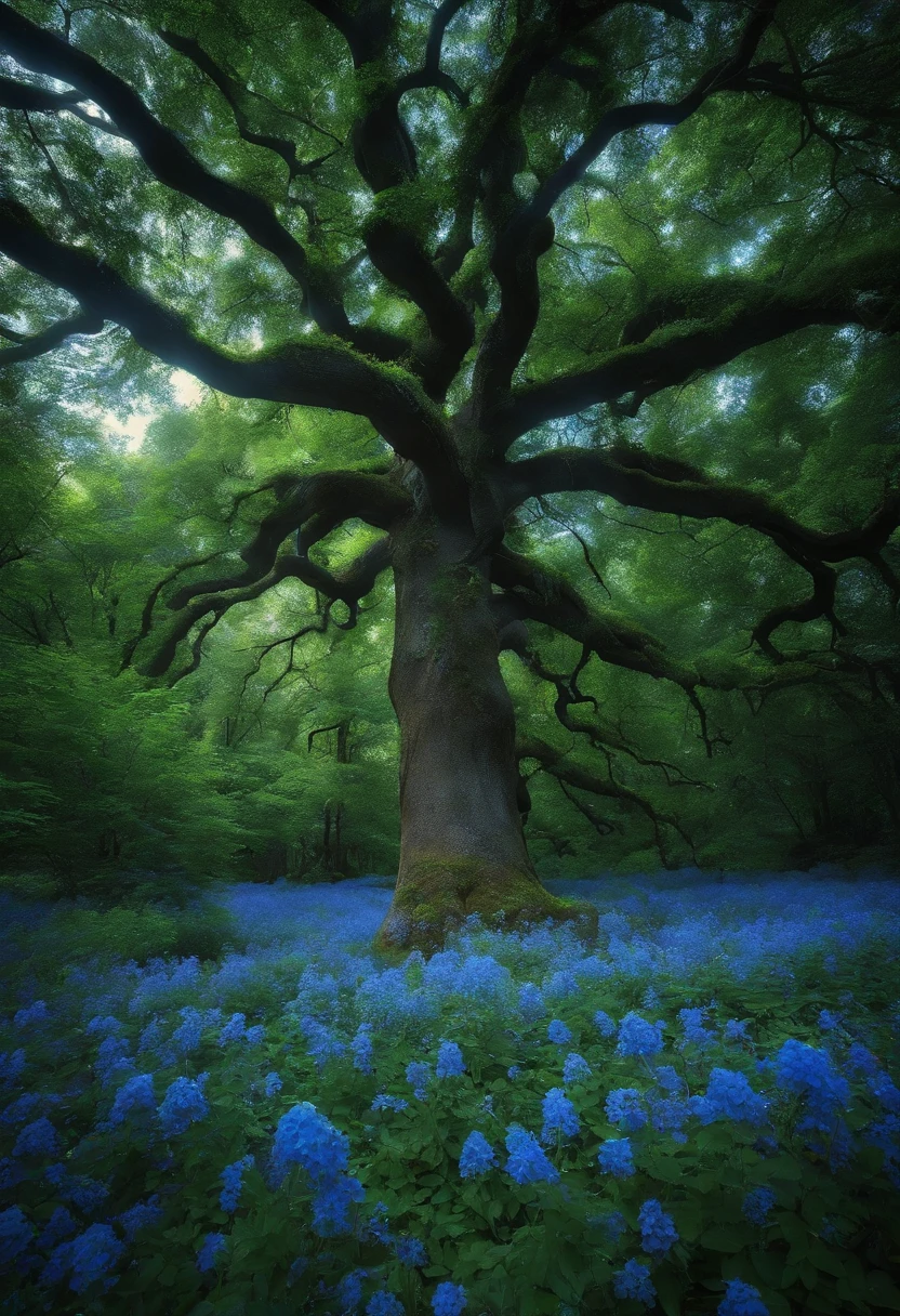 Create a blue forest where there is a big tree with bright blue flowers
