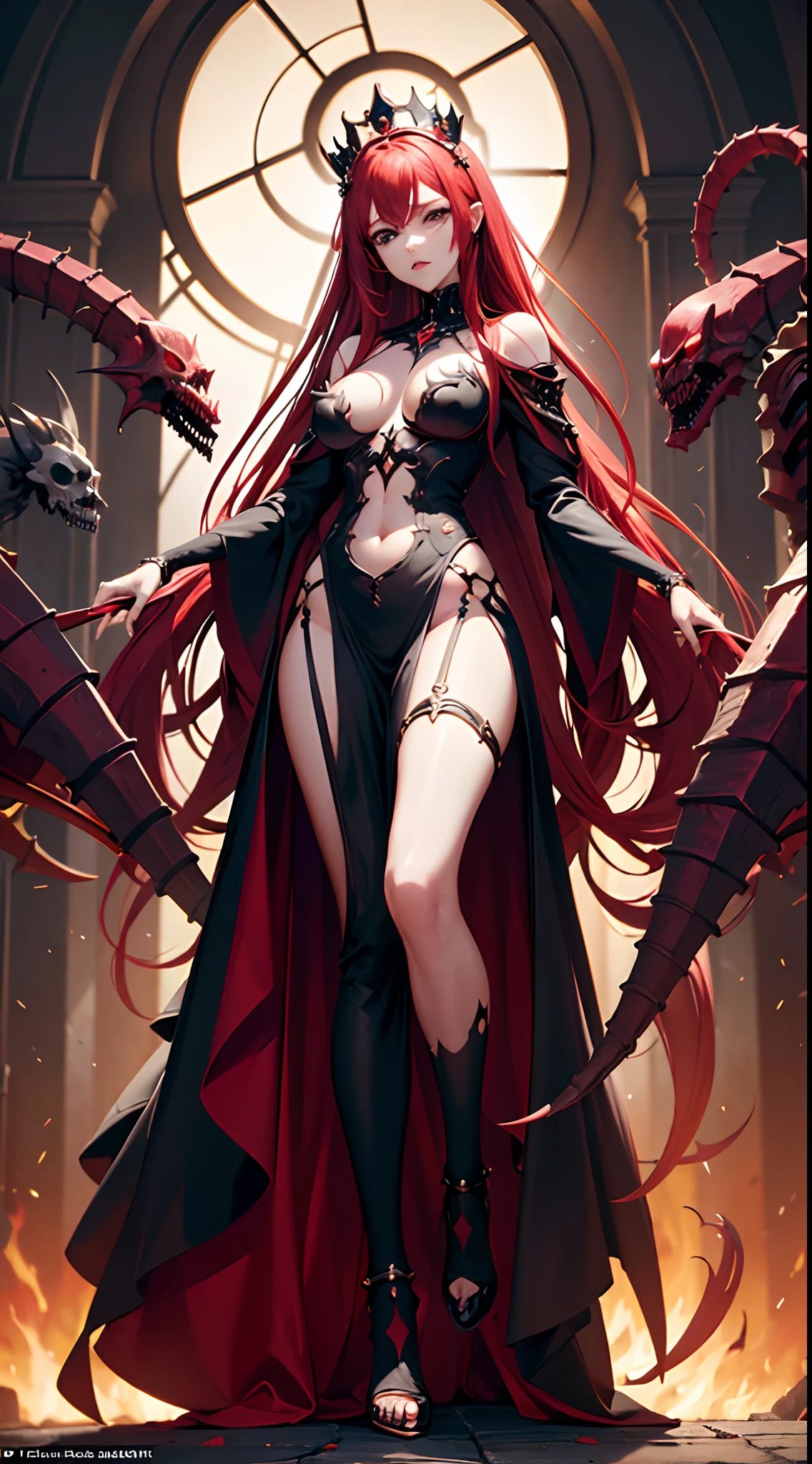 ((Best quality)), ((masterpiece)), (detailed: 1.4), (Absurd), Spawn woman, reborn from hell with several small demons and skeletons at her feet, beautiful, red hair, long shed with her legs out, crown with two long ciphers, full body, perfect body, generous neckline, hellish scene