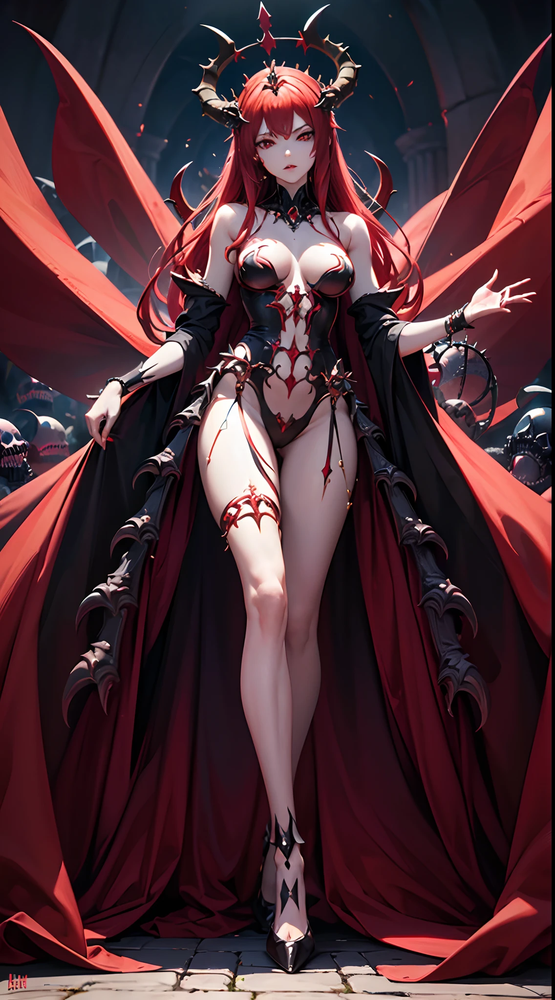 ((Best quality)), ((masterpiece)), (detailed: 1.4), (Absurd), Spawn woman, reborn from hell with several small demons and skeletons at her feet, beautiful, red hair, long shed with her legs out, crown with two long ciphers, full body, perfect body, generous neckline, hellish scene