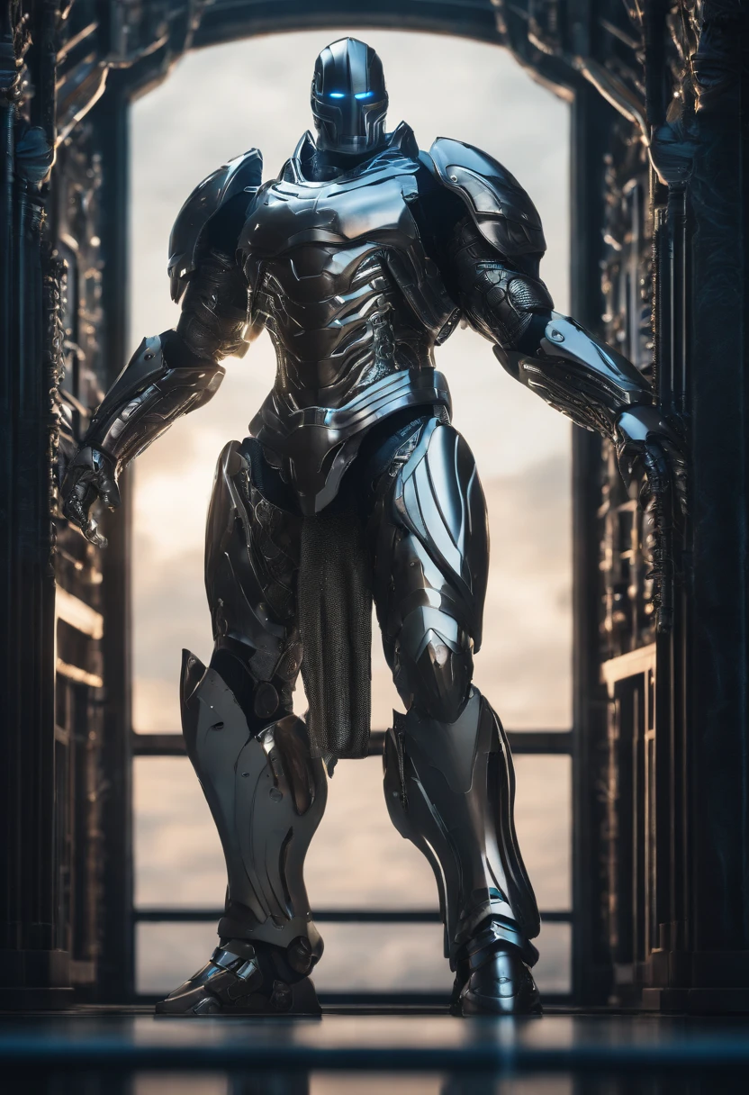 A silver man, with an imposing muscular structure, wearing intricate and gleaming armor, in a digital 3D style, inspired by the artwork of H.R. Giger, on Pixiv, with a highly detailed resolution, in a futuristic and dystopian setting, illuminated by a intense blue light