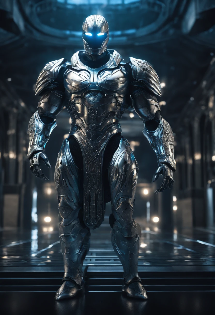 A silver man, with an imposing muscular structure, wearing intricate and gleaming armor, in a digital 3D style, inspired by the artwork of H.R. Giger, on Pixiv, with a highly detailed resolution, in a futuristic and dystopian setting, illuminated by a intense blue light