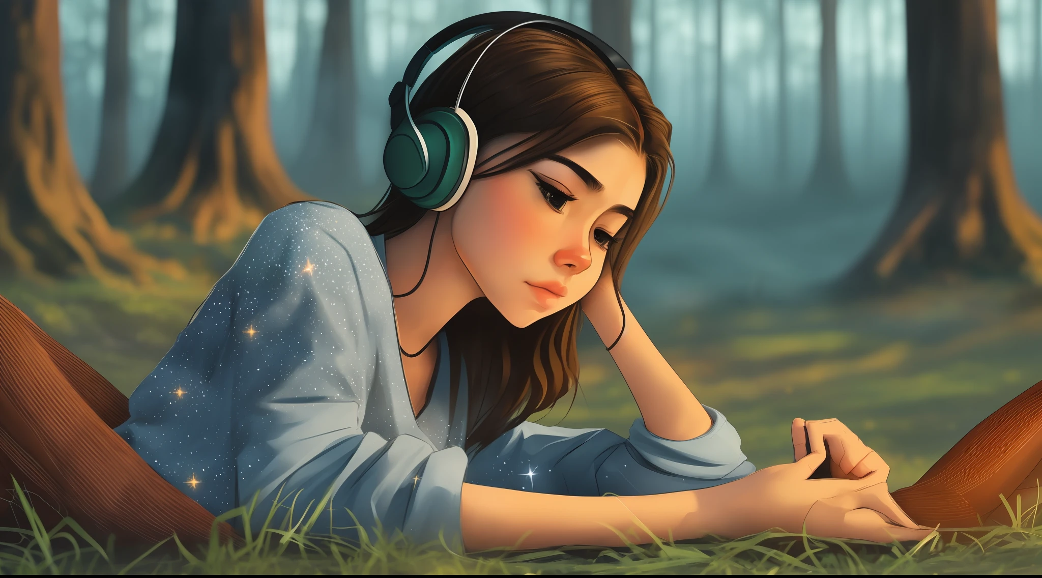 girl laying on the ground with headphones on, realistic body shape, she is wearing a dark green sweatshirt, brown detailed hair, realisticdetailed forest in the background, realisticnight sky full of stars, digital art style, realistic atmosphere, realistic body shapes, realistic face, detailed face,