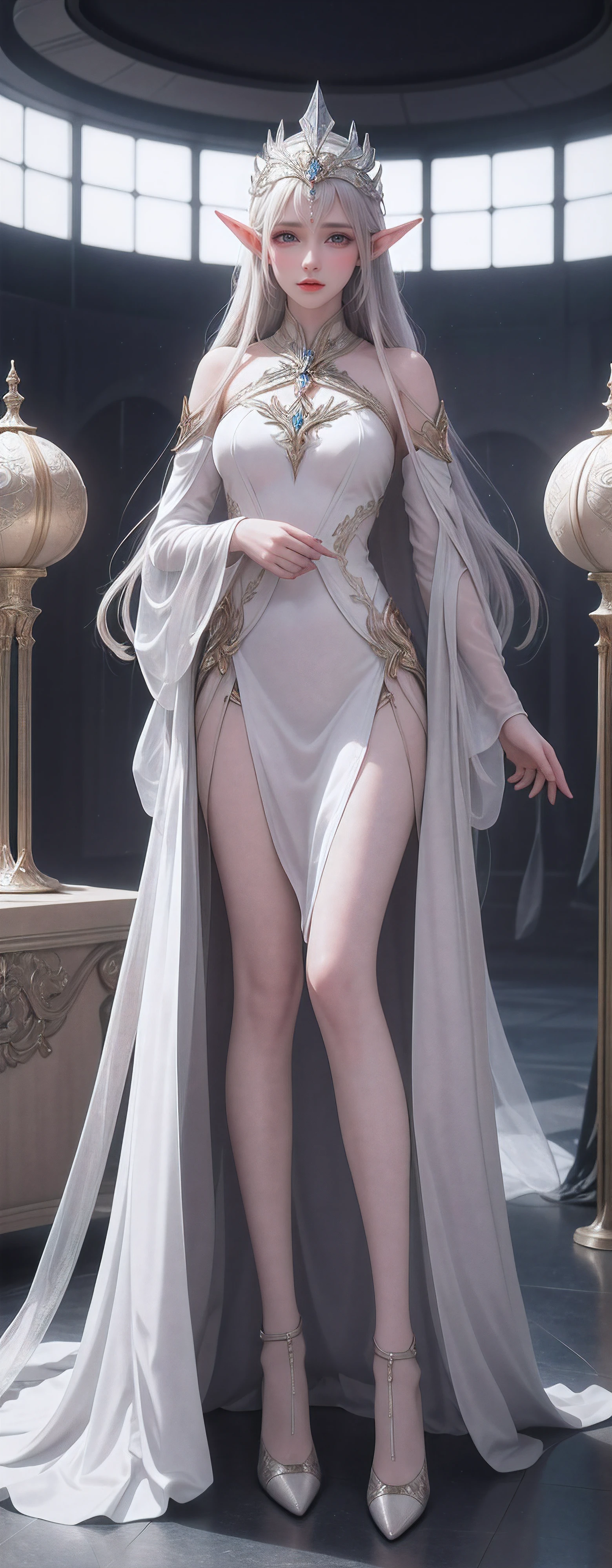 An Arad woman in a futuristic suit stands in a room with many metal objects, Stills from Prometheus, white russian clothes, rendering of beauty pageant, Mesh headdress, machine elves, luxury advertisement, The shoulders can be seen, Still frames in movies