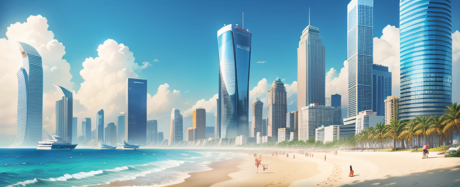 Scenery , Skyscrapers ,City, Beach , Summer , Umbrella , Sky , Day, , Sun , Breeze