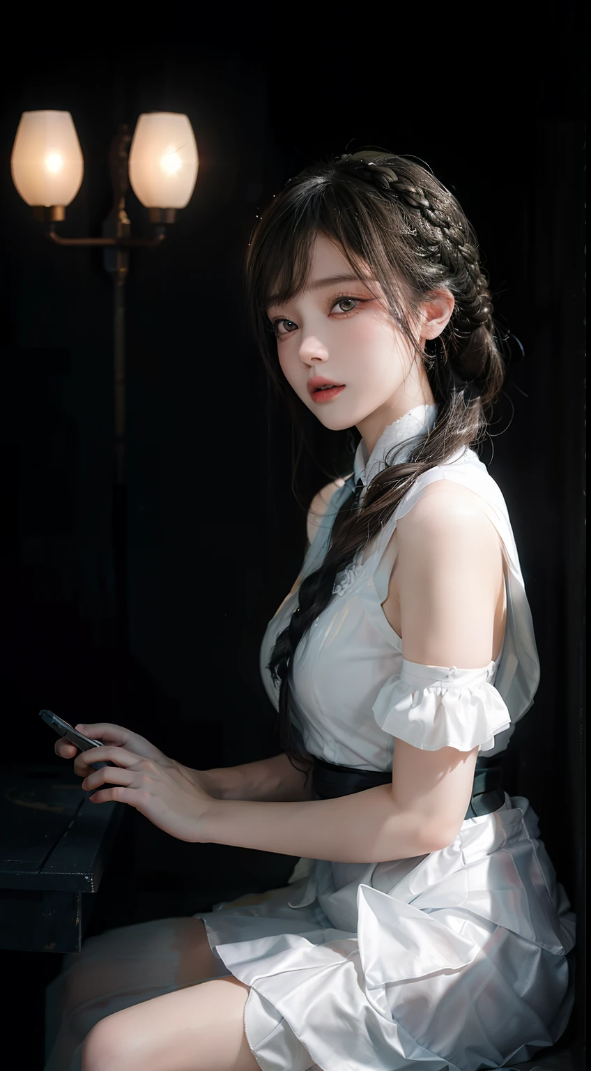 Lily girl beautiful girl beautiful daughter and beautiful granddaughter,Volumetriclighting,Tulle group,Double up braid,dynamic angle,globalillumination,Third Person View,Mood lighting,High-quality frontal lighting, edge lighting, high resolution, delicate eyes, high quality masterpiece,,Full body photo: Transparent all over is exposed in a flush skirt