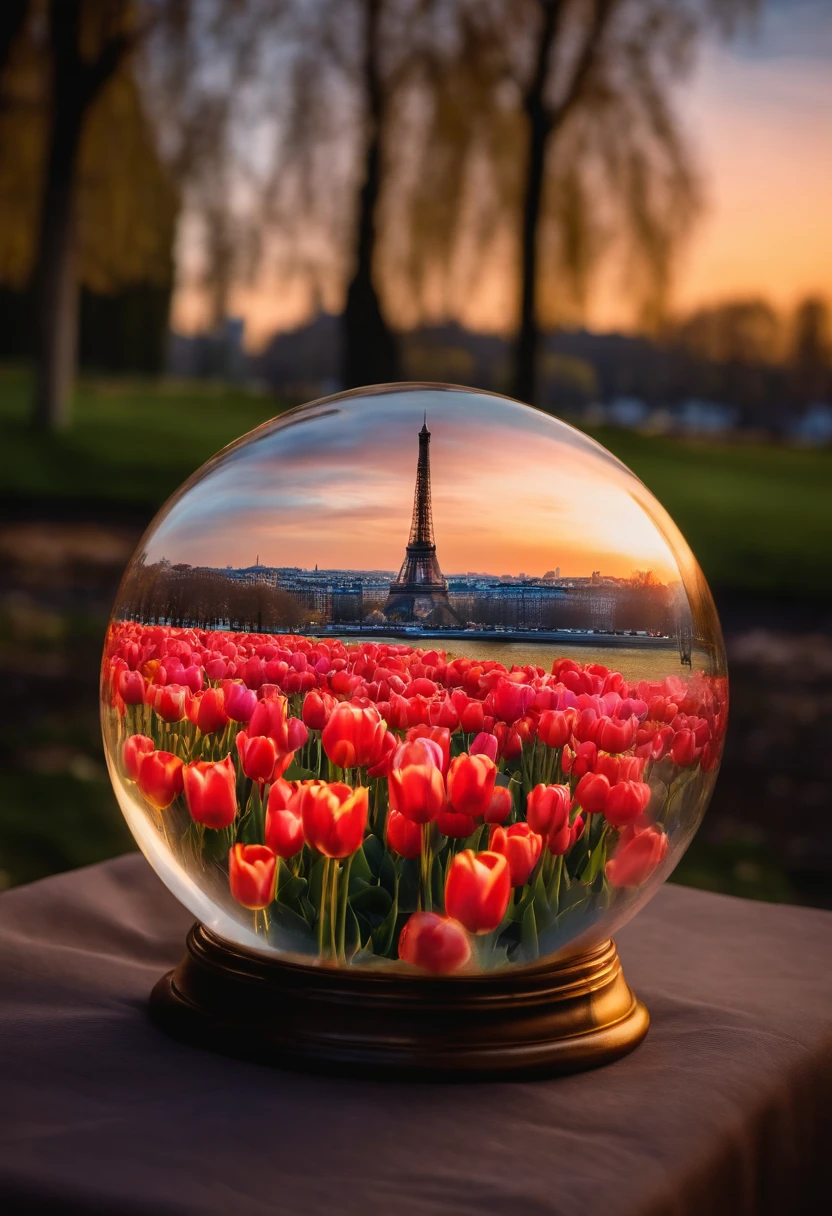 Tulips inside a cristal ball, as a background the Paris city and the eiffel tower at sunset, impressionist style