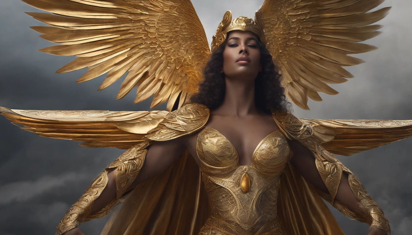 (Ultra resolution 8K), (OBRA-PRIMA ULTRA DETALHADA), "DO ANJO JUSTO": It possesses an imposing presence with majestic wings unfolding on its back., radiating an ethereal glow. Sua Armadura Celestial, composed of gold and shiny metal sheets, Abrace seu corpo de forma elegante e protetora. His face reflects an unwavering determination with fiery eyes that glow with inner light., while his lips remain firm in a gesture of determination.Carrega uma espada de design celestial, with a blade that seems forged in divine light and energy. Seu cabelo flui em fios ondulados que se misturam com o vento, adding a touch of dynamism to your figure. The armor is adorned with sacred symbols and intricate patterns that seem to come to life with each movement., enquanto suas asas emitem um brilho suave que ilumina seus arredores.This righteous angel personifies the fusion of heavenly grace and unwavering determination., A figure who inspires wonder and hope in his quest for justice and righteousness.