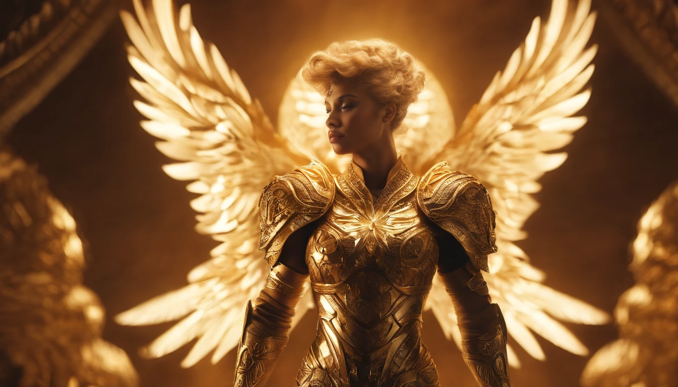 (Ultra resolution 8K), (OBRA-PRIMA ULTRA DETALHADA), "DO ANJO JUSTO": It possesses an imposing presence with majestic wings unfolding on its back., radiating an ethereal glow. Sua Armadura Celestial, composed of gold and shiny metal sheets, Abrace seu corpo de forma elegante e protetora. His face reflects an unwavering determination with fiery eyes that glow with inner light., while his lips remain firm in a gesture of determination.Carrega uma espada de design celestial, with a blade that seems forged in divine light and energy. Seu cabelo flui em fios ondulados que se misturam com o vento, adding a touch of dynamism to your figure. The armor is adorned with sacred symbols and intricate patterns that seem to come to life with each movement., enquanto suas asas emitem um brilho suave que ilumina seus arredores.This righteous angel personifies the fusion of heavenly grace and unwavering determination., A figure who inspires wonder and hope in his quest for justice and righteousness.