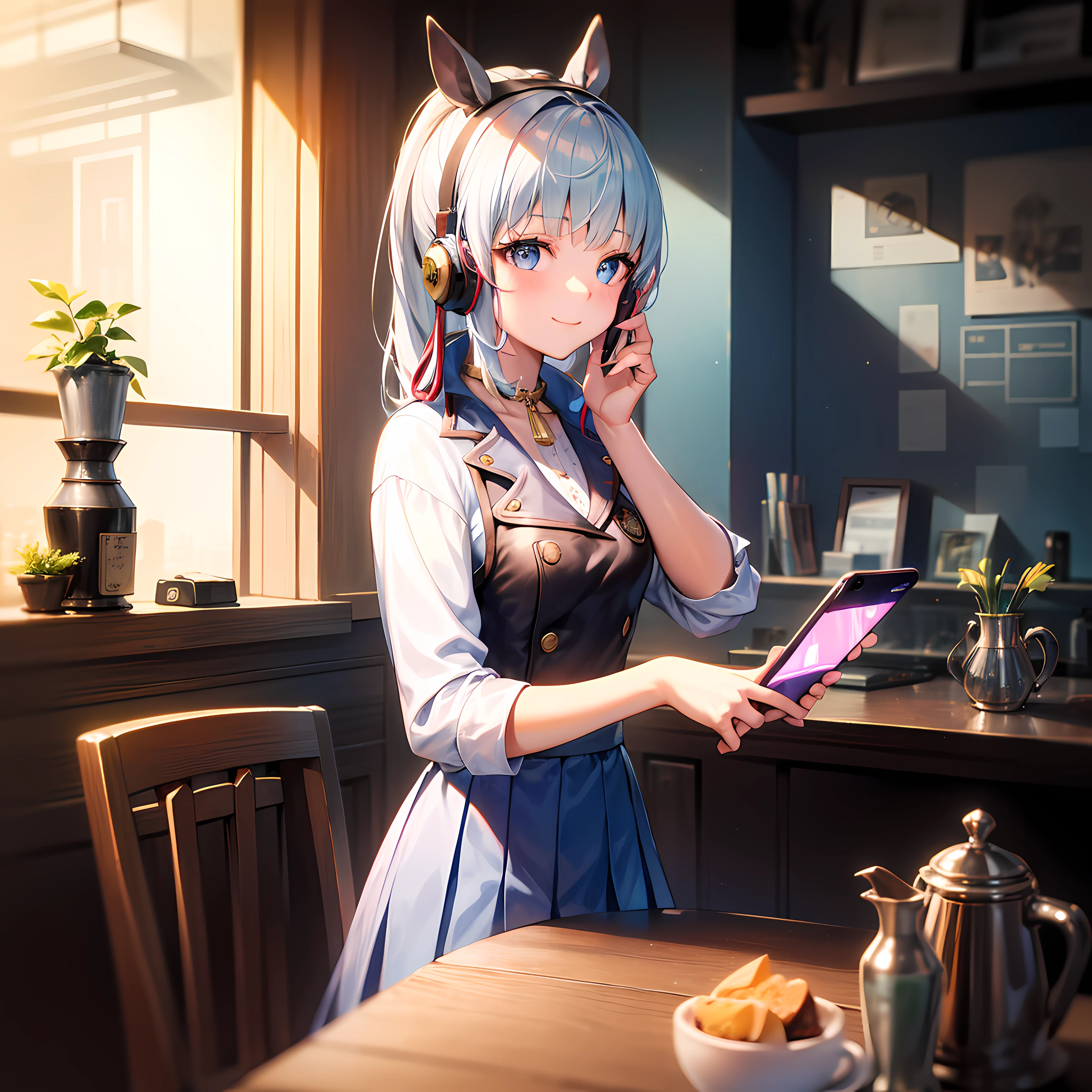 1girll，Cafe，By the window，Hold your phone in your hand，Headsets，talking on phone，frontage，Look forward，Single horsetail，School uniform JK，ssmile，High resolution 4K，Full character，cellular phone，natta