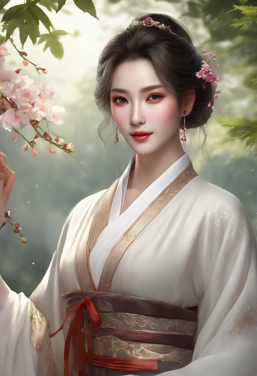 (best quality, masterpiece:1.2, high resolution, detailed facial features, upper body view:1.6), cybercity, mountains and rivers, nighttime, firefly lights, realistic, highly detailed, beautiful white hanfu:1.2, stunning figure:1.4