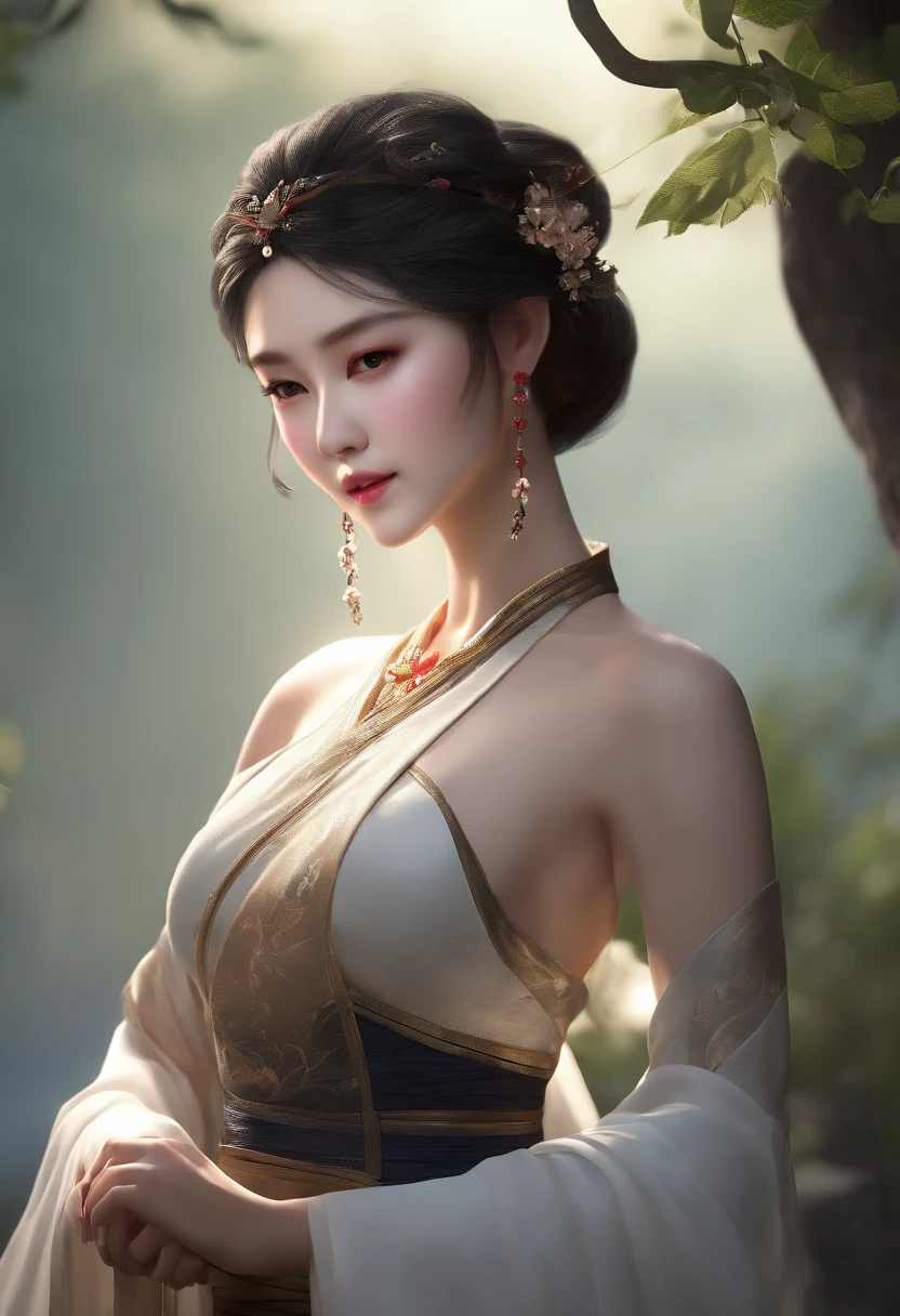 (best quality, masterpiece:1.2, high resolution, detailed facial features, upper body view:1.6), cybercity, mountains and rivers, nighttime, firefly lights, realistic, highly detailed, beautiful white hanfu:1.2, stunning figure:1.4