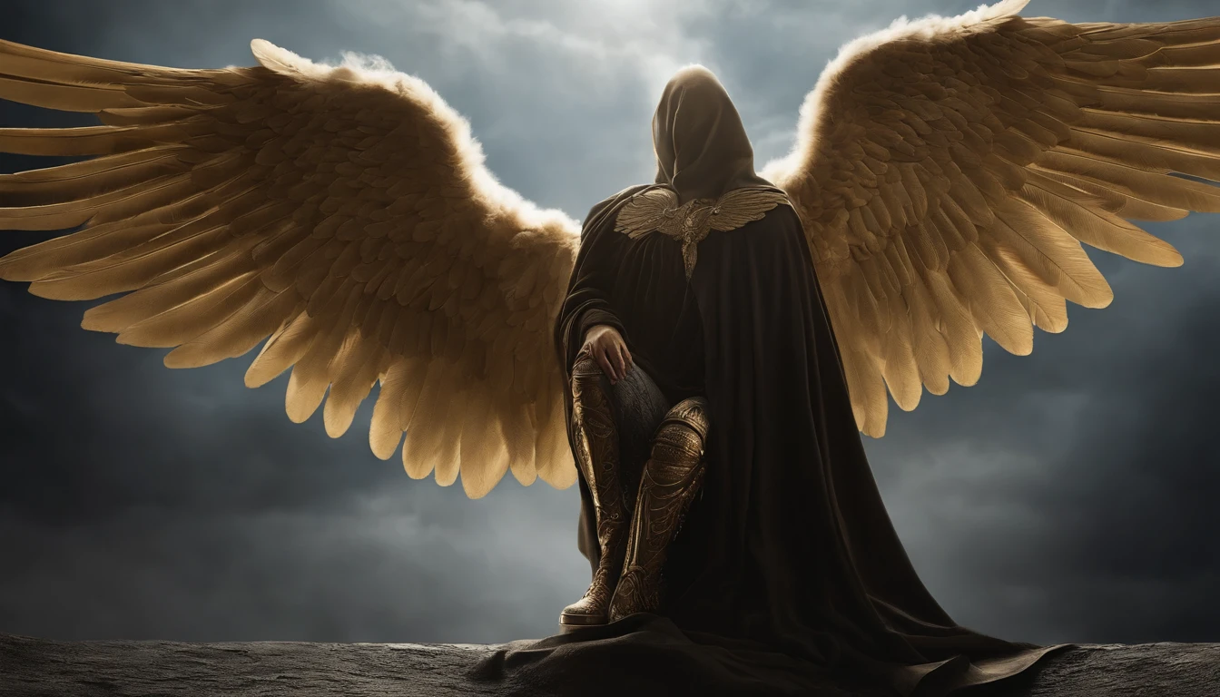 Close-up of winged angel statue, anjo da morte, anjo da morte, motor irreal renderizado + um deus, Villain has golden angel wings, the angel of death with a halo, angel in plastic armor, manto branco fluindo, Retrato do Anjo da Morte, angel knight gothic boy, Anjo majestoso de corpo inteiro, anjo protegendo o homem, arte da capa, Assuma o controle da vida, Mantenha a vida, Album cover of a song titled "Agarre a Vida"