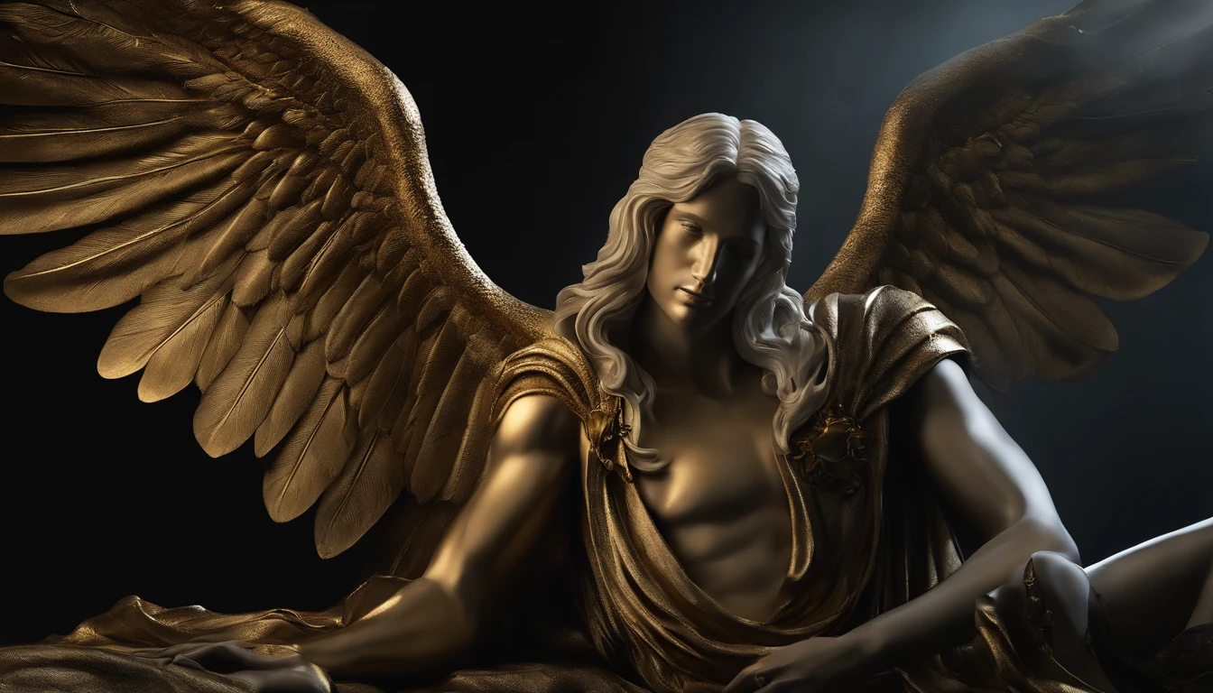 Close-up of winged angel statue, anjo da morte, anjo da morte, motor irreal renderizado + um deus, Villain has golden angel wings, the angel of death with a halo, angel in plastic armor, manto branco fluindo, Retrato do Anjo da Morte, angel knight gothic boy, Anjo majestoso de corpo inteiro, anjo protegendo o homem, arte da capa, Assuma o controle da vida, Mantenha a vida, Album cover of a song titled "Agarre a Vida"