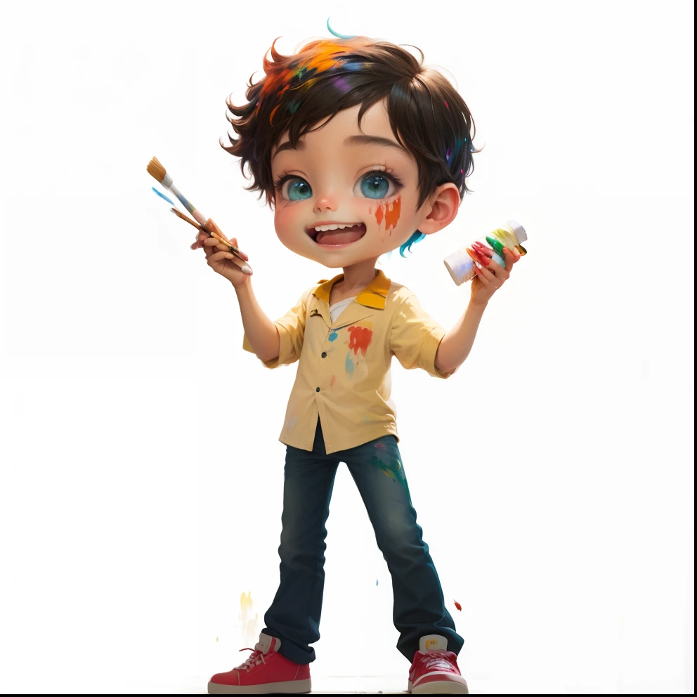 He has a brush in his hand painting a colorful picture