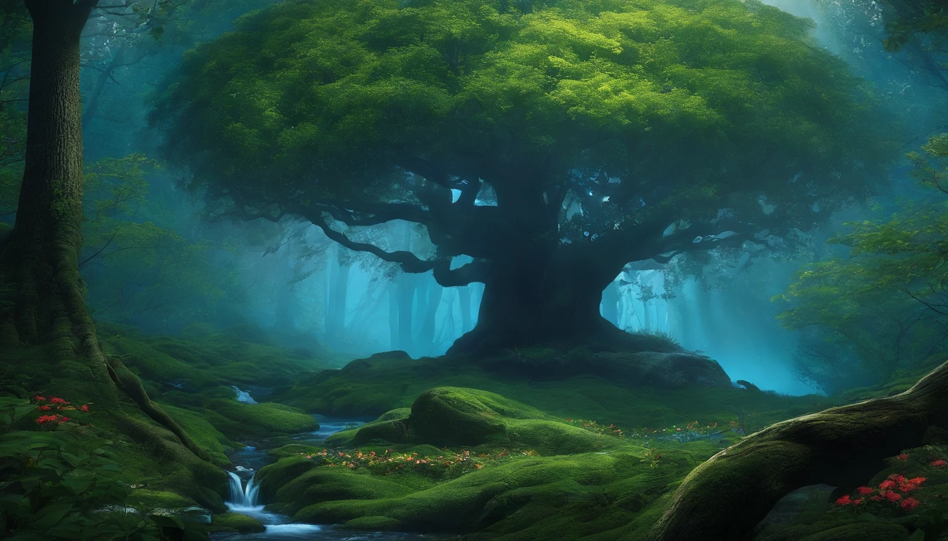 Create a blue forest where there is a big tree with bright blue flowers