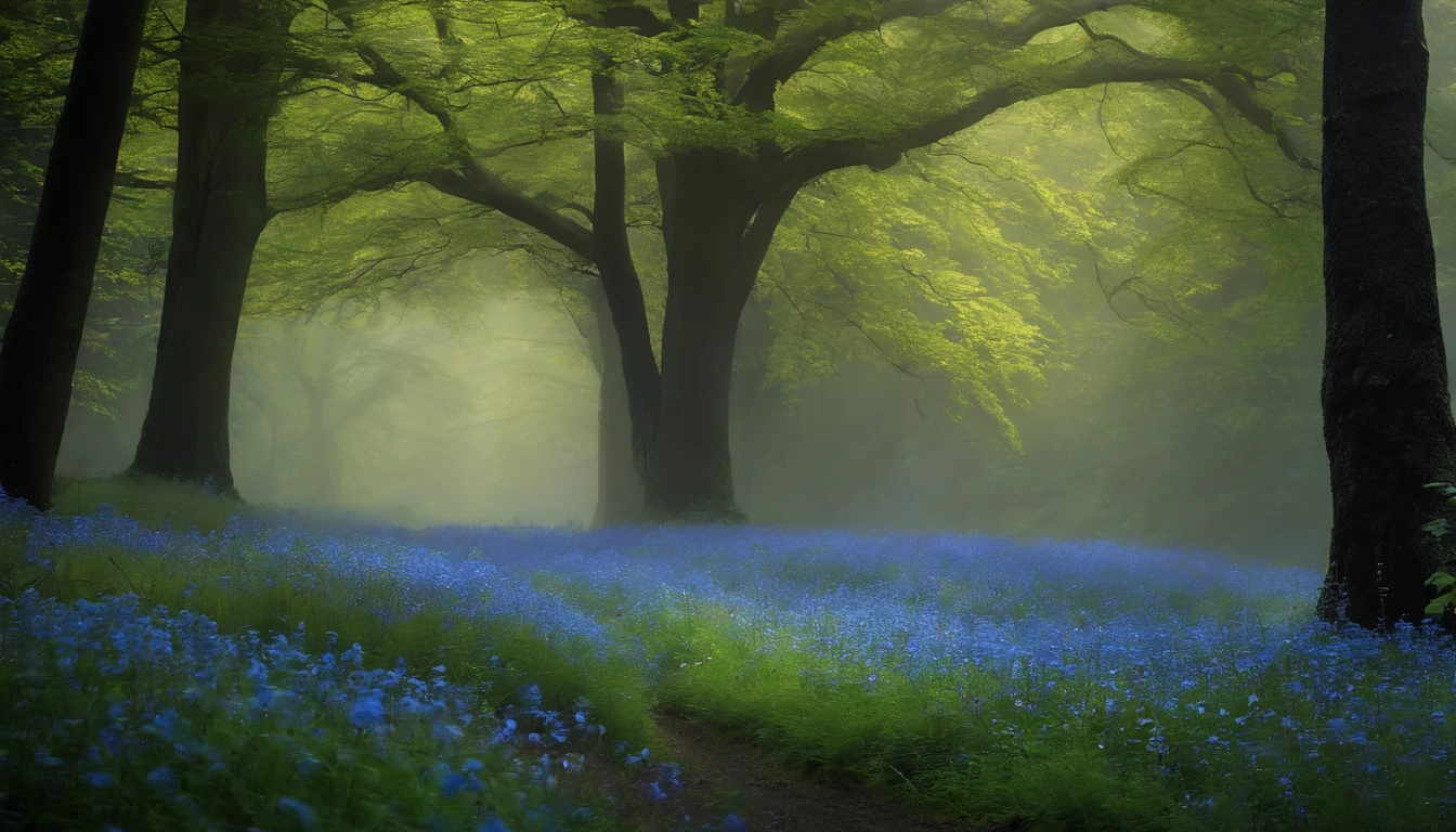 Create a blue forest where there is a big tree with bright blue flowers