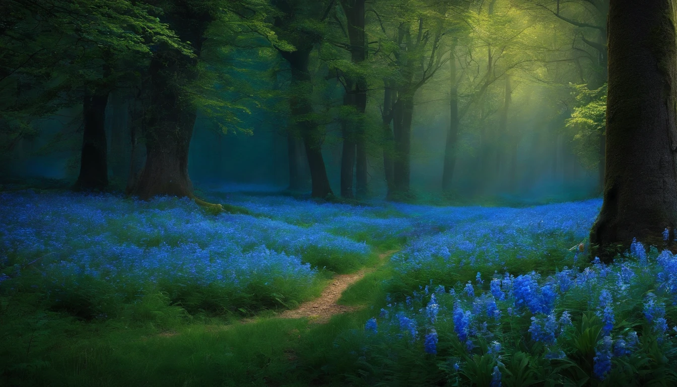 Create a blue forest where there is a big tree with bright blue flowers
