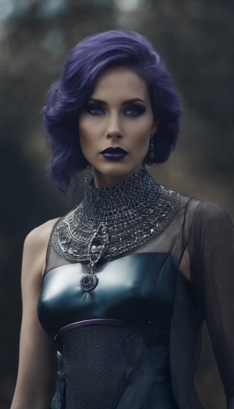 RAW photo, half length portrait of an english woman with a blue choker, futuristic woman portrait, picture of beautiful sci - fi girl, portrait of a sci - fi woman, portrait of female humanoid, fashionable futuristic woman, wearing a mesh dress, soft full portrait shot 8 k, azure. detailed hair, wearing steel collar, portrait of a female hero, (long dark purple hair), dark gothic make up, pale silver lipstick, long hair, crystal pendant