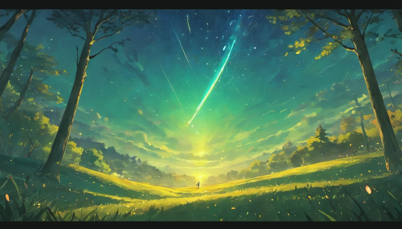 Draw a house with stars and a man sitting on the grass, Well drawn, drawn with photoshop, style of anime, starrysky, Twinkling stars, Scenes, nigh sky, clean anime outlines, long hair girl, Sit Pose, looking at the stars, Look up, glowworm, A man under a tree