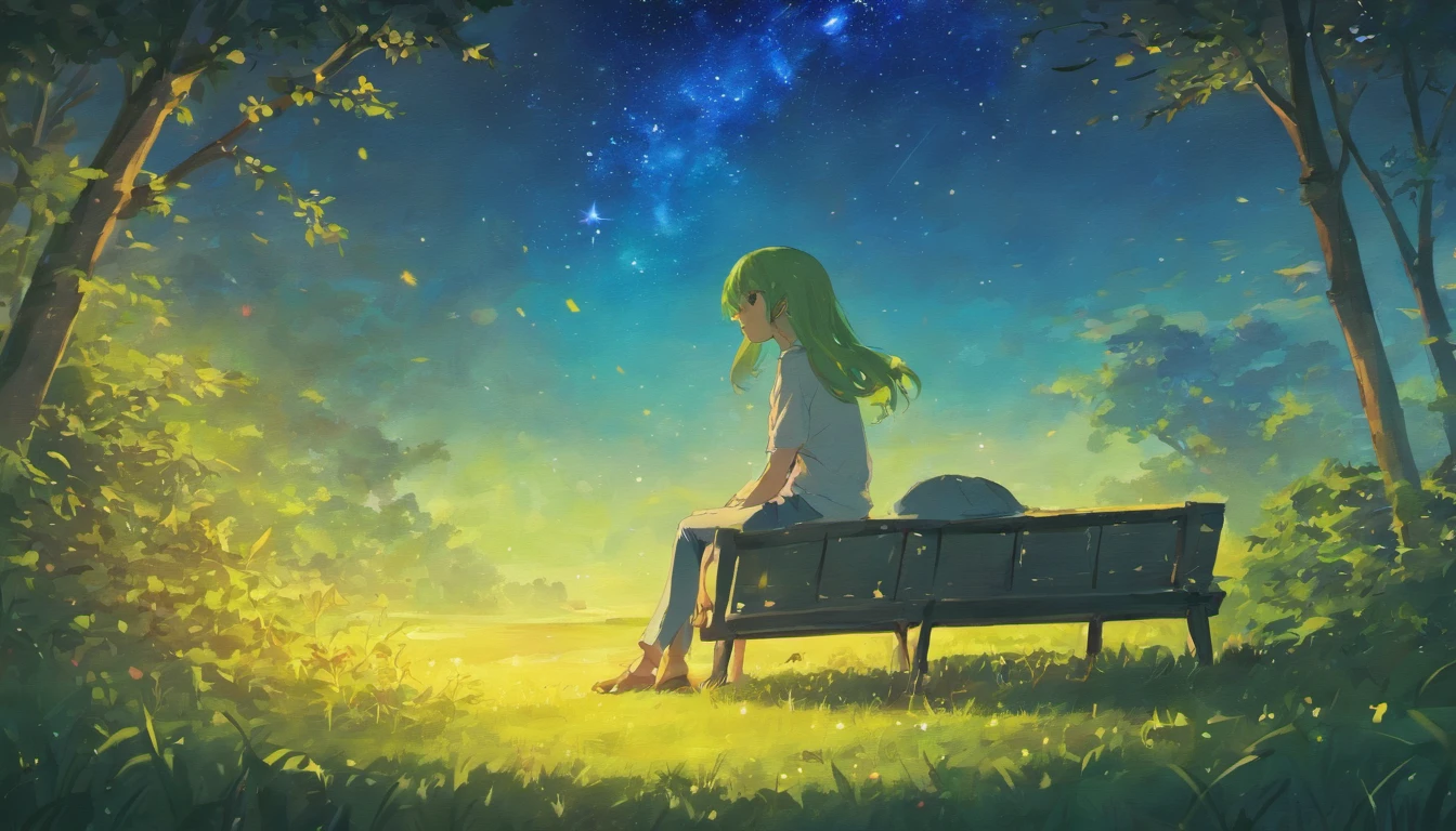 Draw a house with stars and a man sitting on the grass, Well drawn, drawn with photoshop, style of anime, starrysky, Twinkling stars, Scenes, nigh sky, clean anime outlines, long hair girl, Sit Pose, looking at the stars, Look up, glowworm, A man under a tree