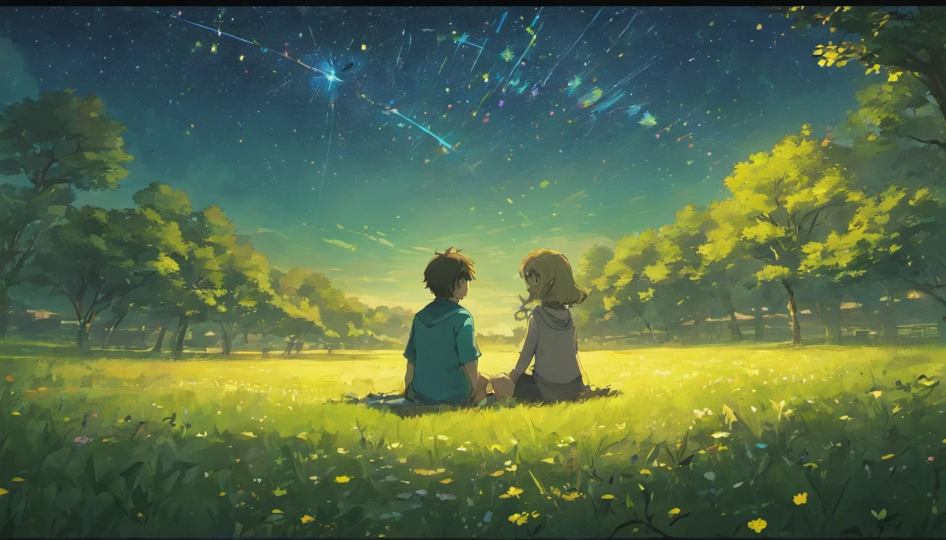 Draw a house with stars and a man sitting on the grass, Well drawn, drawn with photoshop, style of anime, starrysky, Twinkling stars, Scenes, nigh sky, clean anime outlines, long hair girl, Sit Pose, looking at the stars, Look up, glowworm, A man under a tree