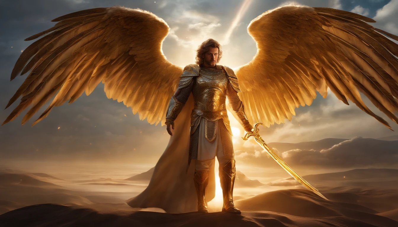 (ultra resolution 8k), (Super Dense Masterpiece), "of Righteous Angels": A hall with majestic wings spread on its back々and presence., casting an ethereal glow. Your heavenly armor, Consists of gold and shiny metal plates, Embraces your body elegantly and protectively. His face is、Reflects unwavering determination with fiery eyes shining with inner light., Although his lips remain firm in a gesture of determination.Carrying a celestial design sword, With a blade that seems to be forged with divine light and energy. Your hair flows in wavy strands that mix with the wind, Add dynamism to your figure. The armor is decorated with sacred symbols and intricate patterns.、Looks lively with every movement., Its wings emit a soft glow that illuminates the surroundings.This righteous angel is、It symbolizes the fusion of godsend and unwavering determination., A person who inspires surprise and hope in the quest for justice and justice.