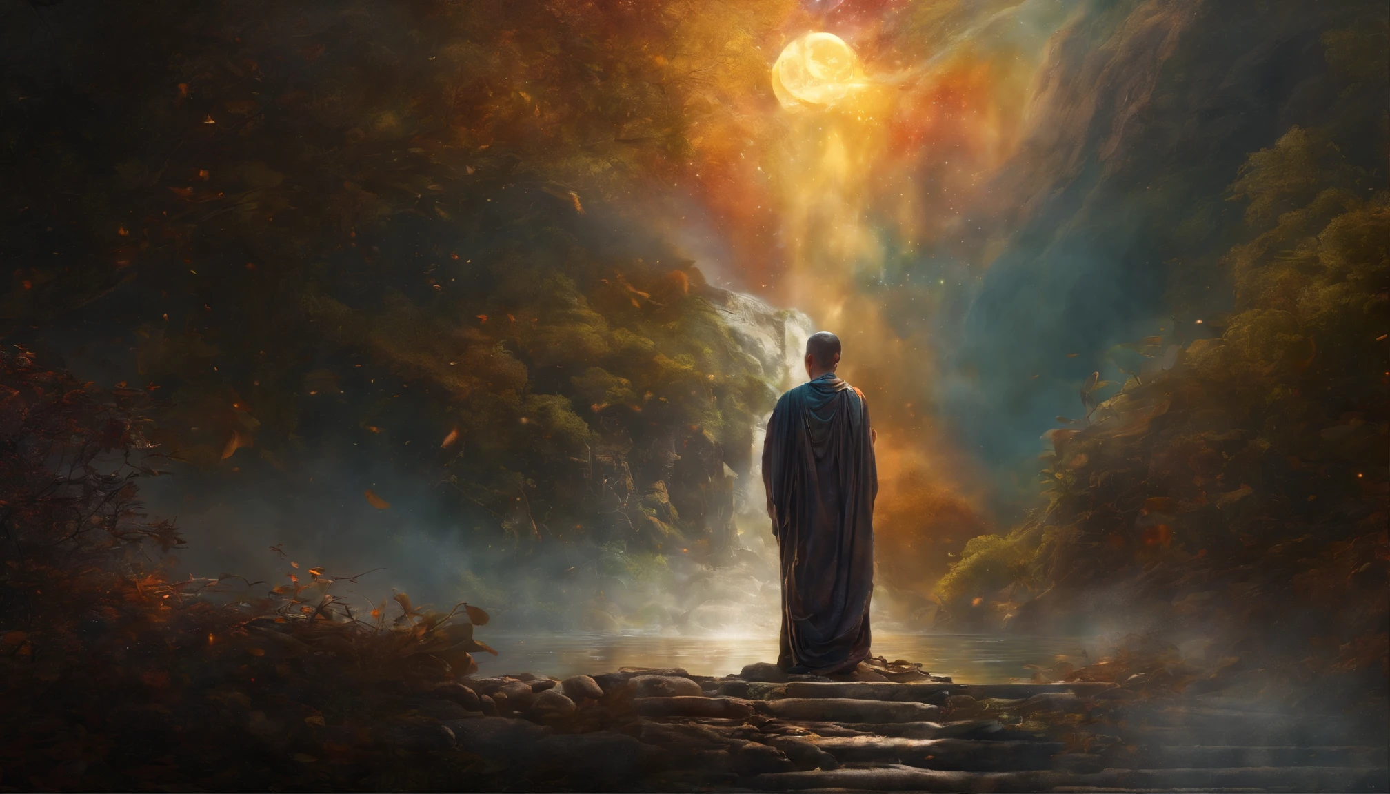Close up, magical waterfall, stone steps, moonlight, forest, dark and mysterious, A Buddhist monk walking 
Jupiter, splash art, a close up liquid luminous moon Buddha monk made of colors, silver, red, orange, purple, light yellow, grey golden, liquid fire, 
 peony flowers, filigree, filigree detailed, swirling fire flames, Galaxy, color drops, color waves, moonlight, splash style of colorful paint, hyperdetailed intricately detailed, unreal engine, fantastical, intricate detail, splash screen, complementary colors, fantasy, concept art, 8k resolution, masterpiece, oil painting, heavy strokes, paint dripping, splash arts, fantasy art, concept art, centered composition perfect composition, centered, intricated pose, intricated,AI_Misaki


colorful, ultra highly detailed, 32 k, Fantastic Realism complex background, dynamic lighting, lights, digital painting, intricated pose, highly detailed intricated, stunning, textures, iridescent and luminescent scales, breathtaking beauty, pure perfection, divine presence, unforgettable, impressive, volumetric light, auras, rays, vivid colors reflects, sf, greg rutkowski