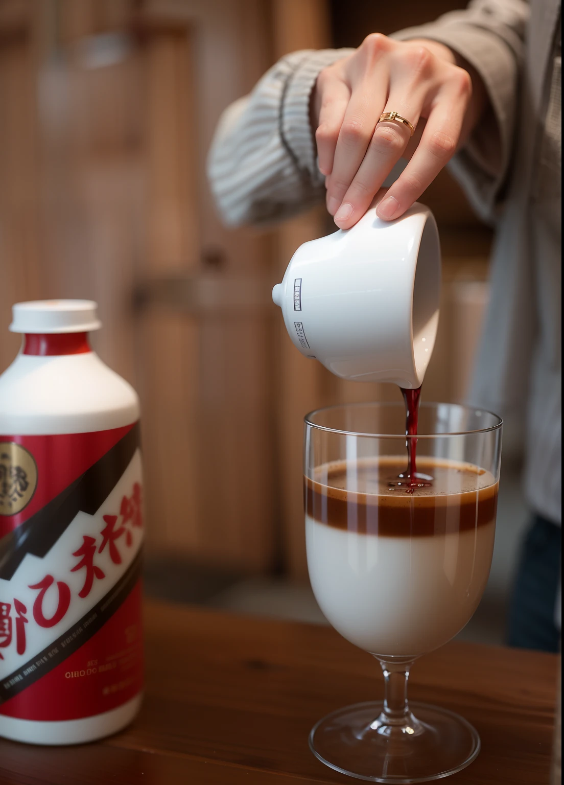 Wine and coffee,A small cup counts down coffee in one hand,On the side is a Moutai bottle,Sauce fragrant liquor,Latte,best qualtiy,超高分辨率,The background is blurred out,Light and shadow effects,film effect,depth of fields,Sunlight exposure