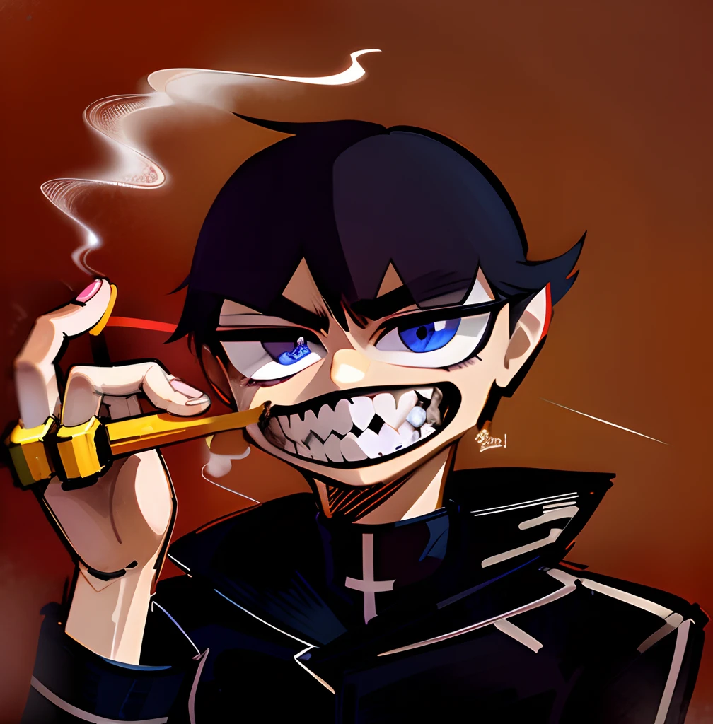 semirealista, realista, um close up de uma pessoa segurando um cigarro e um soco ingles, gendo ikari smoking a joint, 2 d estilo anime, Murdoc Niccals |, fanart de alta qualidade, Gatilho Estilo de Arte de Anime, inspired by Kawabata Ryūshi, como um personagem de anime, , em estilo anime, personagem estilo anime, Odd aspect ratio, olhos grandes, boca grande, cigarro