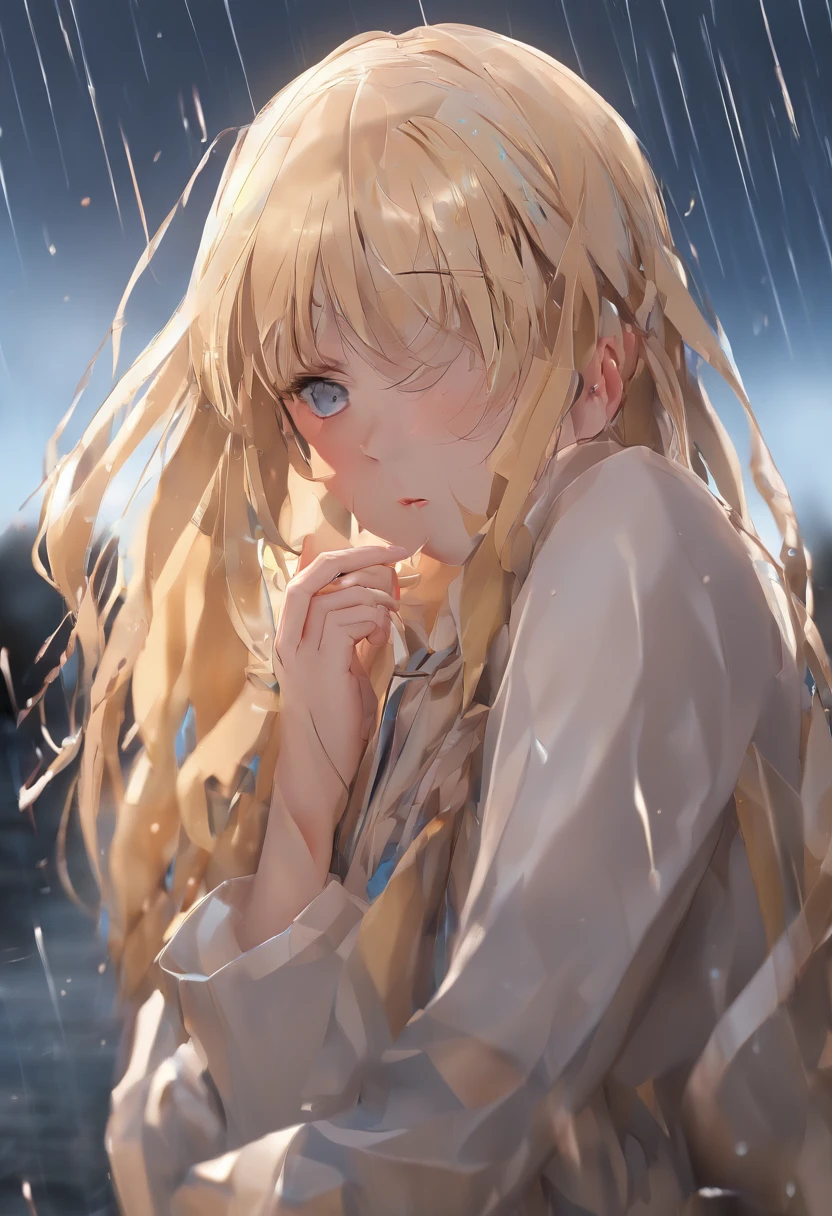 Sad girl,cry,darkness,Rain sky,。.。.。.。.。.。.。.。.。.。.。.。.。.3D,Upscale,hard disk,Blonde short,is crying,with his back turned