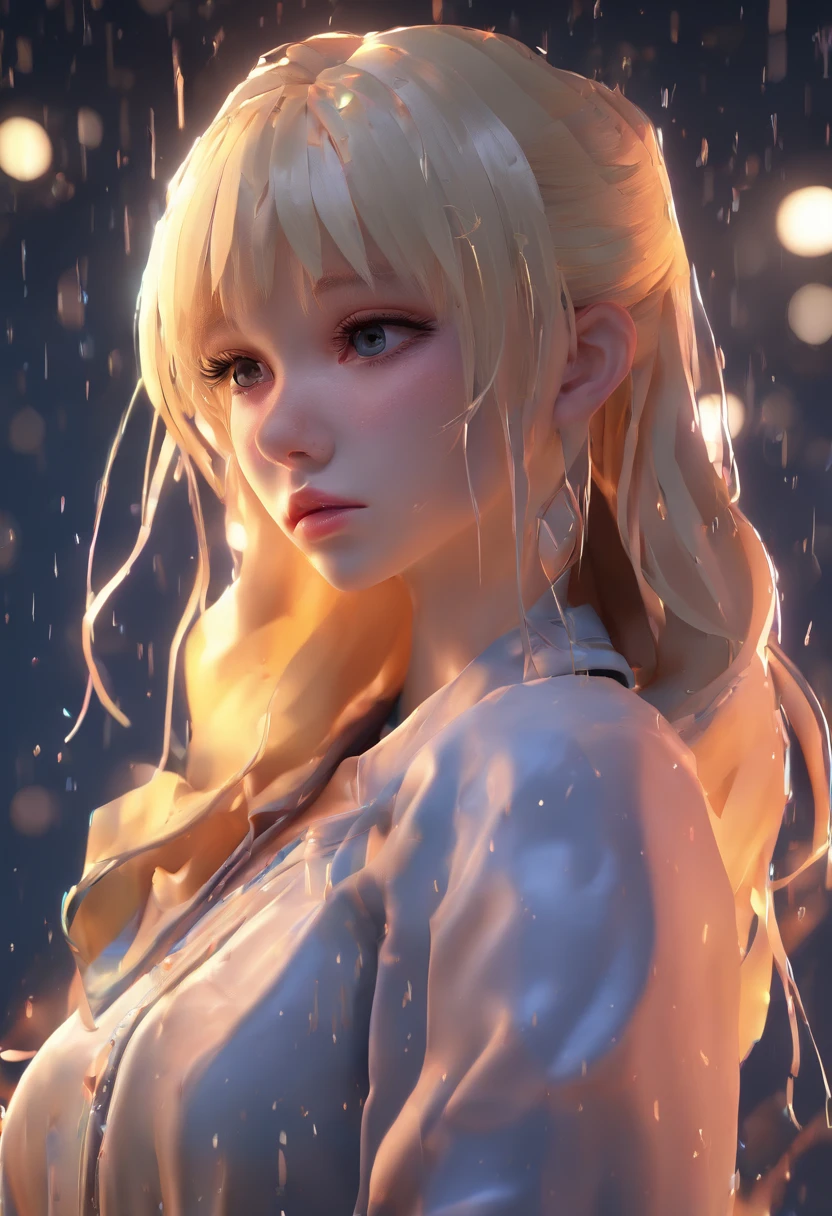 Sad girl,cry,darkness,Rain sky,。.。.。.。.。.。.。.。.。.。.。.。.。.3D,Upscale,hard disk,Blonde short,is crying,with his back turned
