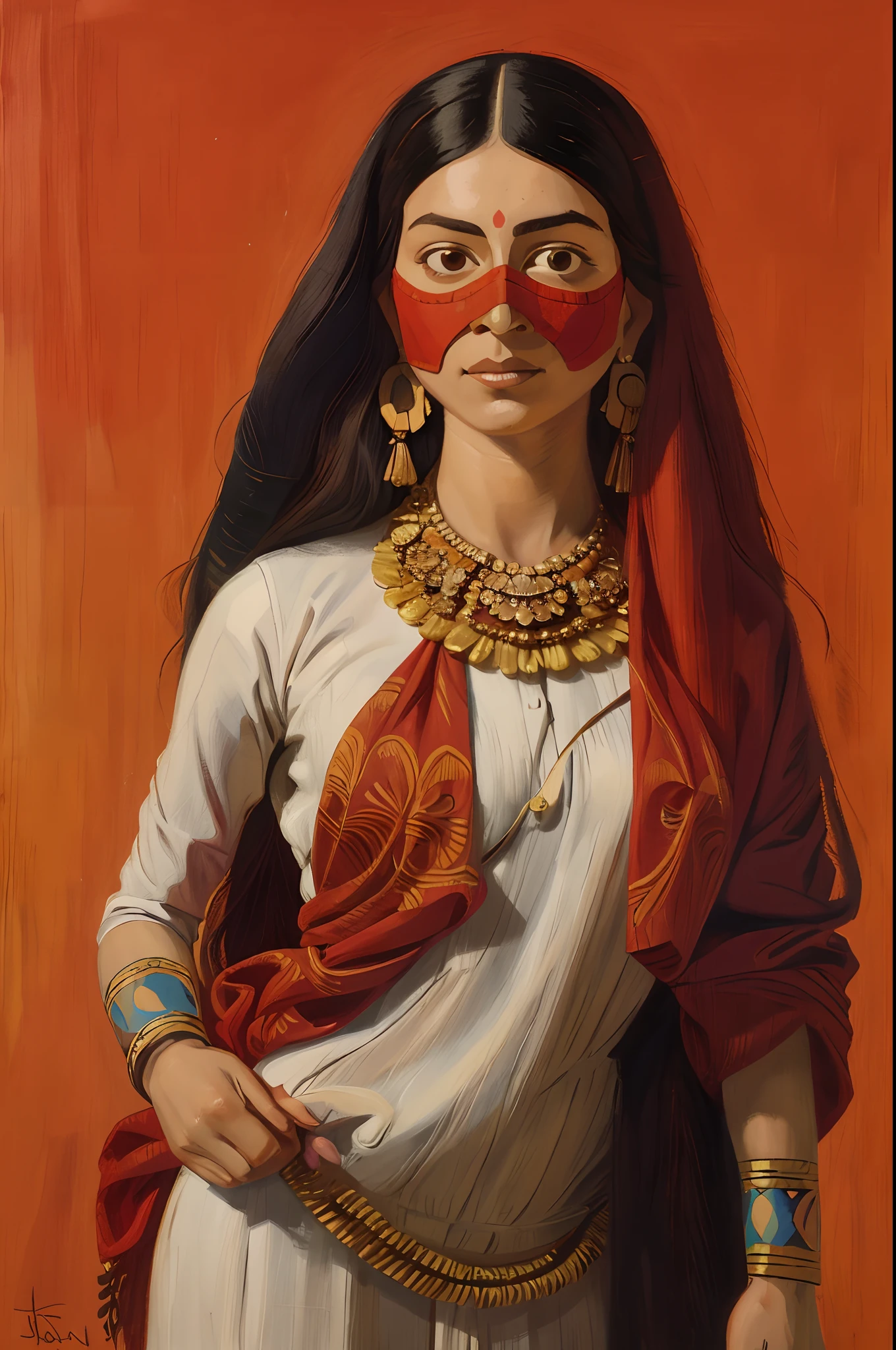 painting of a woman holding a mask and a mask in her hand, inspired by Gustave Boulanger, inspired by I Ketut Soki, art in the style of paula rego, inspired by Vladimir Tretchikoff, portrait of modern darna, inspired by Léon Bakst, inspired by Bhupen Khakhar, inspired by Giovanni Battista Tiepolo