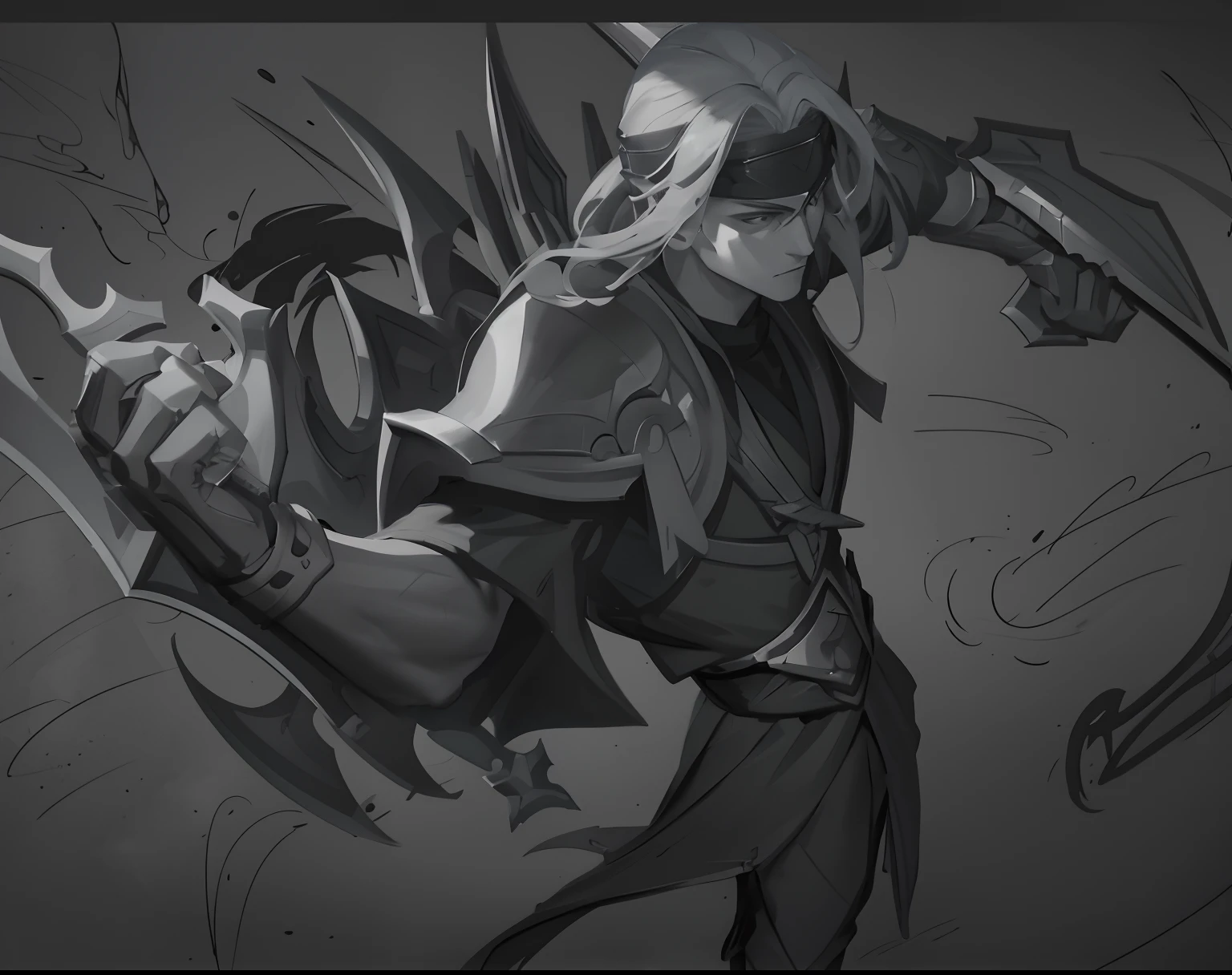 a drawing of a man with a sword in his hand, Riot game concept art, mostly greyscale, character splash art, iconic character splash art, league of legends art style, league of legends style art, mtu，Sword dance，masks，