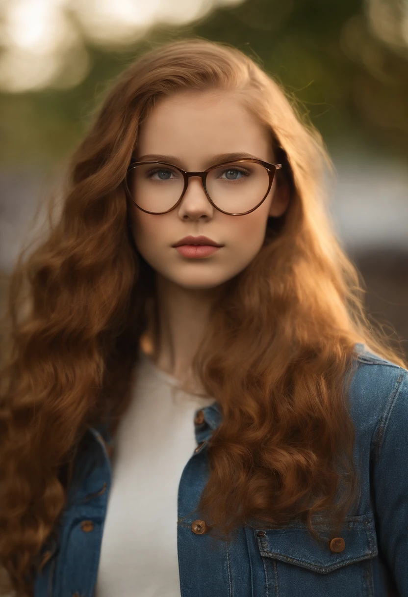 Young white caucasian teen Madeline ford, 14 anos, eyeglass, nerd, cabelos liso e castanhos, olhos grandes e castanhos, pele branca, de corpo inteiro, veste jeans e camiseta, ((((nsfw)))), realistic,