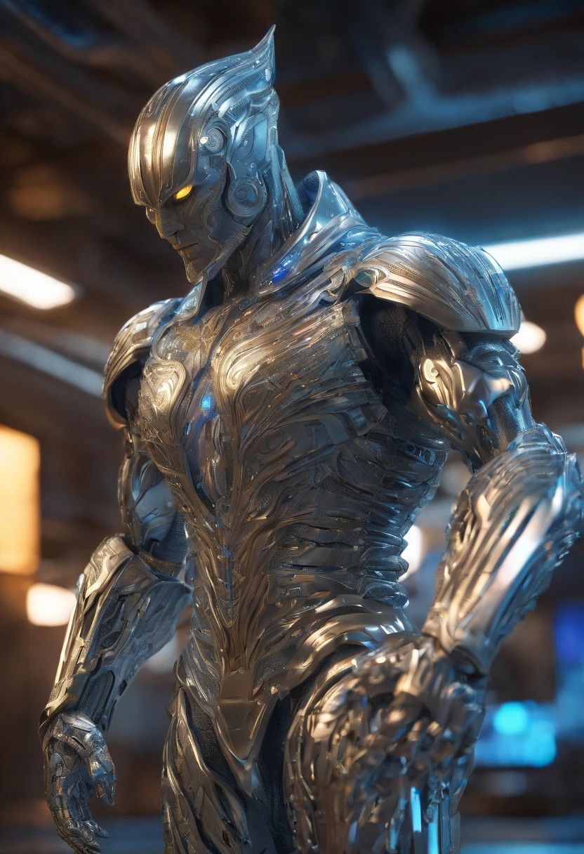 A silver man, with an imposing muscular structure, wearing intricate and gleaming armor, in a digital 3D style, inspired by the artwork of H.R. Giger, on Pixiv, with a highly detailed resolution, in a futuristic and dystopian setting, illuminated by a intense blue light