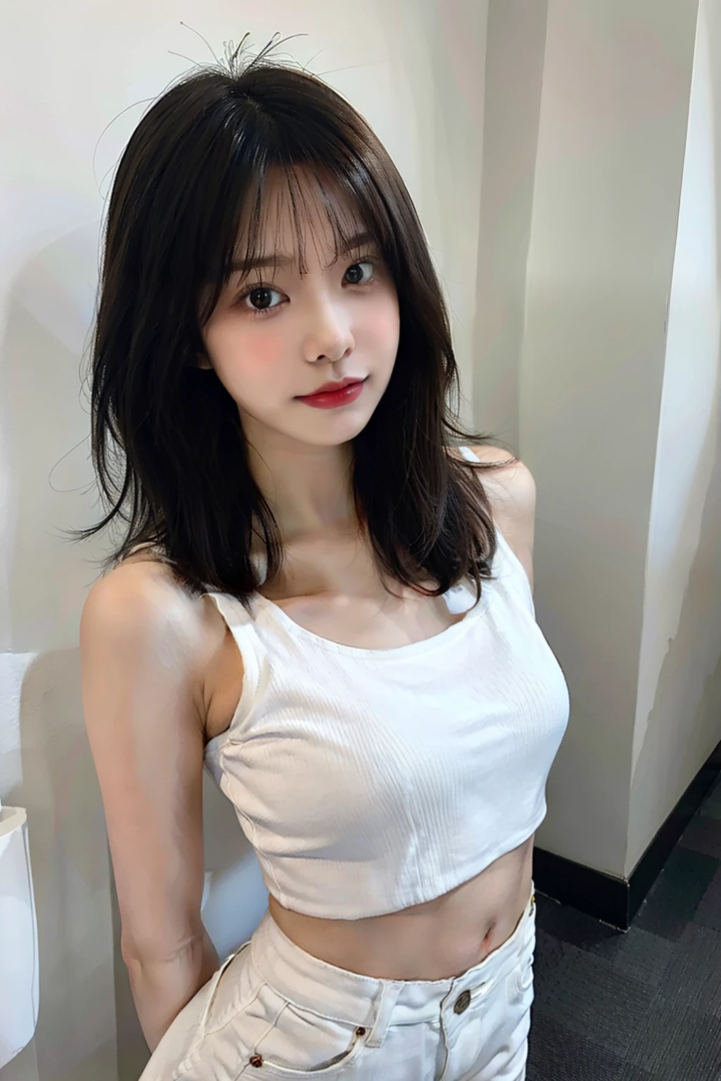 ((best quality)), ((masterpiece)), (detailed), perfect face. Asian girl. Tanktop. Bedroom Wall. Low lighting. Armpit.