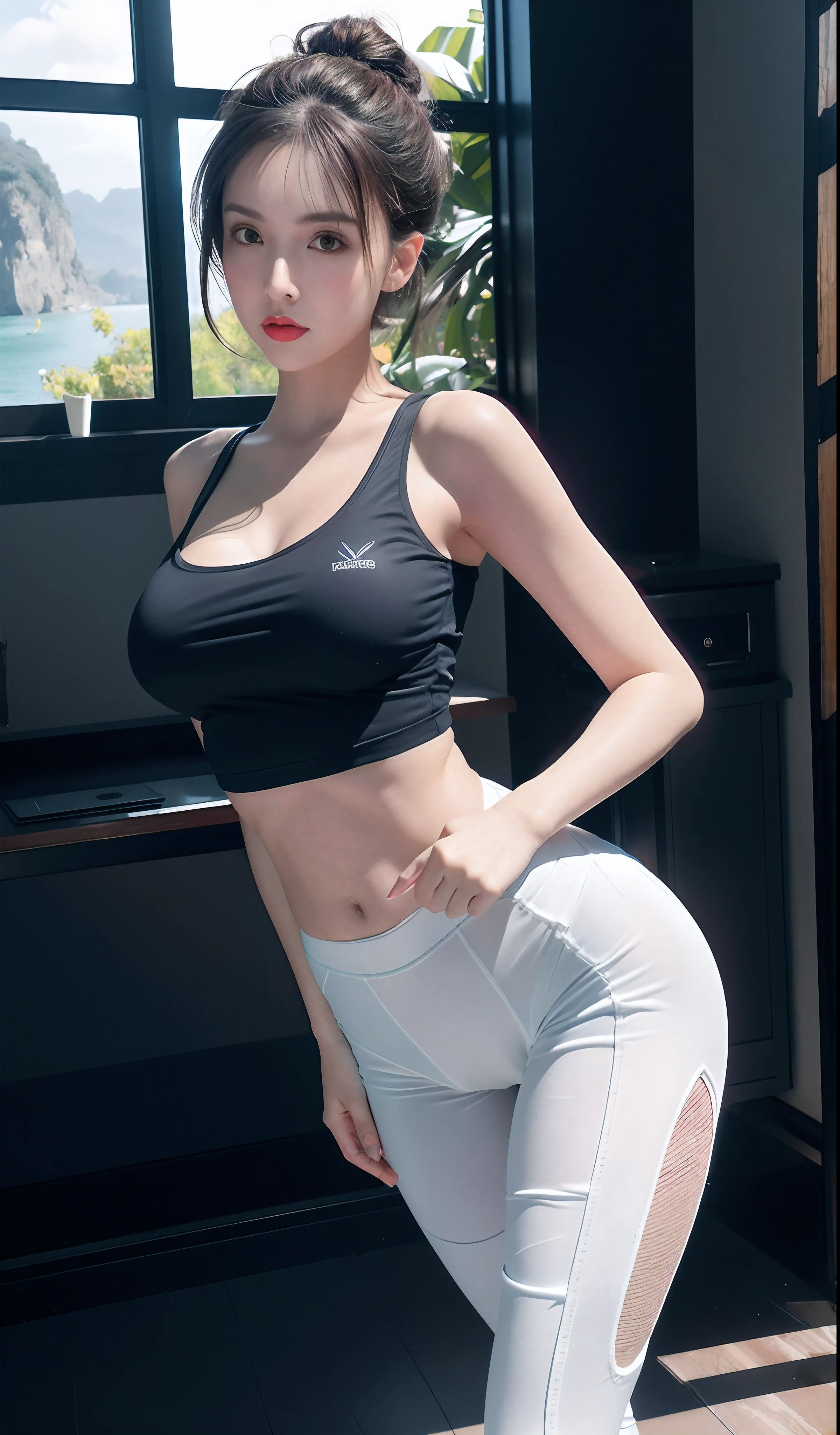 1 girl, beautiful eyes, red face, slightly open lips, full and symmetrical breasts, bulging buttocks, tight sports shirt, white skinny yoga pants, detailed lines between the thighs, white sneakers, black hair, high ponytail, belt, tattoo, running track, park, jungle, lake, chest close-up, hip close-up, HDR (High Dynamic Range), ray tracing, NVIDIA RTX, Super Resolution, Unreal 5, Subsurface scattering, PBR textures, Post processing, Anisotropic filtering, Depth of field , Maximum sharpness and sharpness, Multi-layer textures, Albedo and specular maps, Surface shading, Accurate simulation of light-material interactions, Octane rendering, Duotone lighting, Low ISO, White balance, Rule of thirds, Large aperture, 8K RAW, High efficiency sub-pixel, Subpixel convolution, (Glow particles: 1.4), {{Masterpiece, Best Quality, Extremely detailed CG, Unity 8k wallpaper, 3D, cinematic lighting, lens flare}},